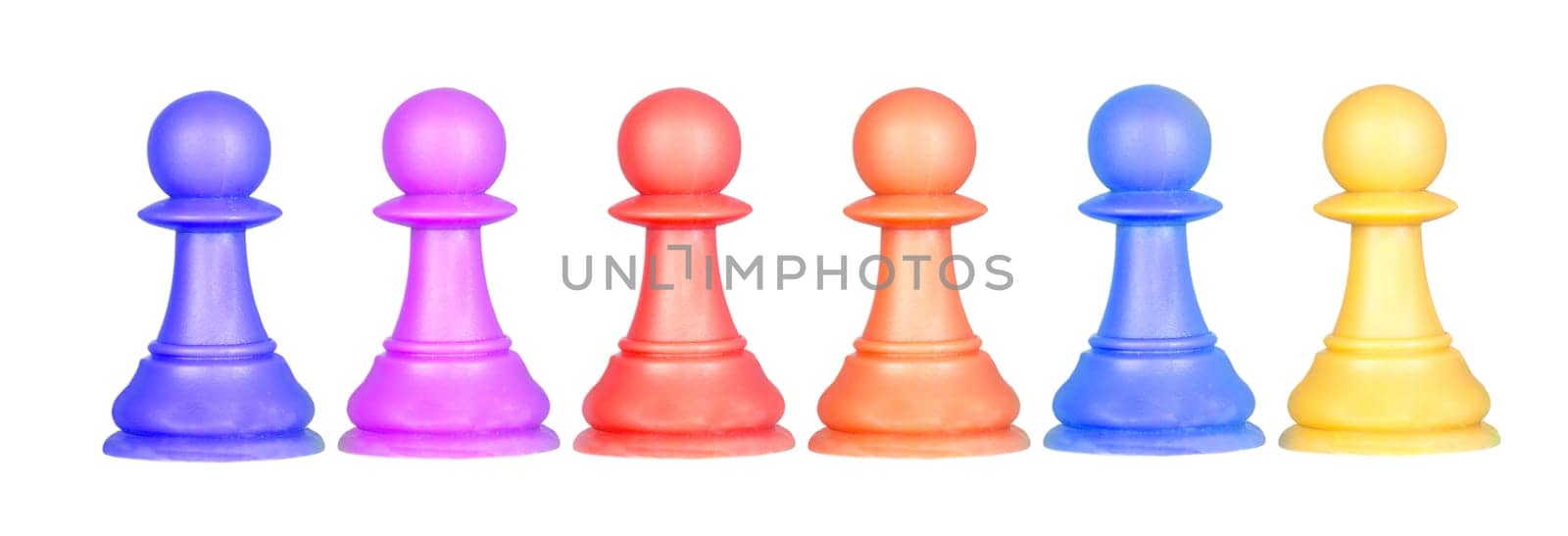 The color pawns, chess pieces isolated on a white background