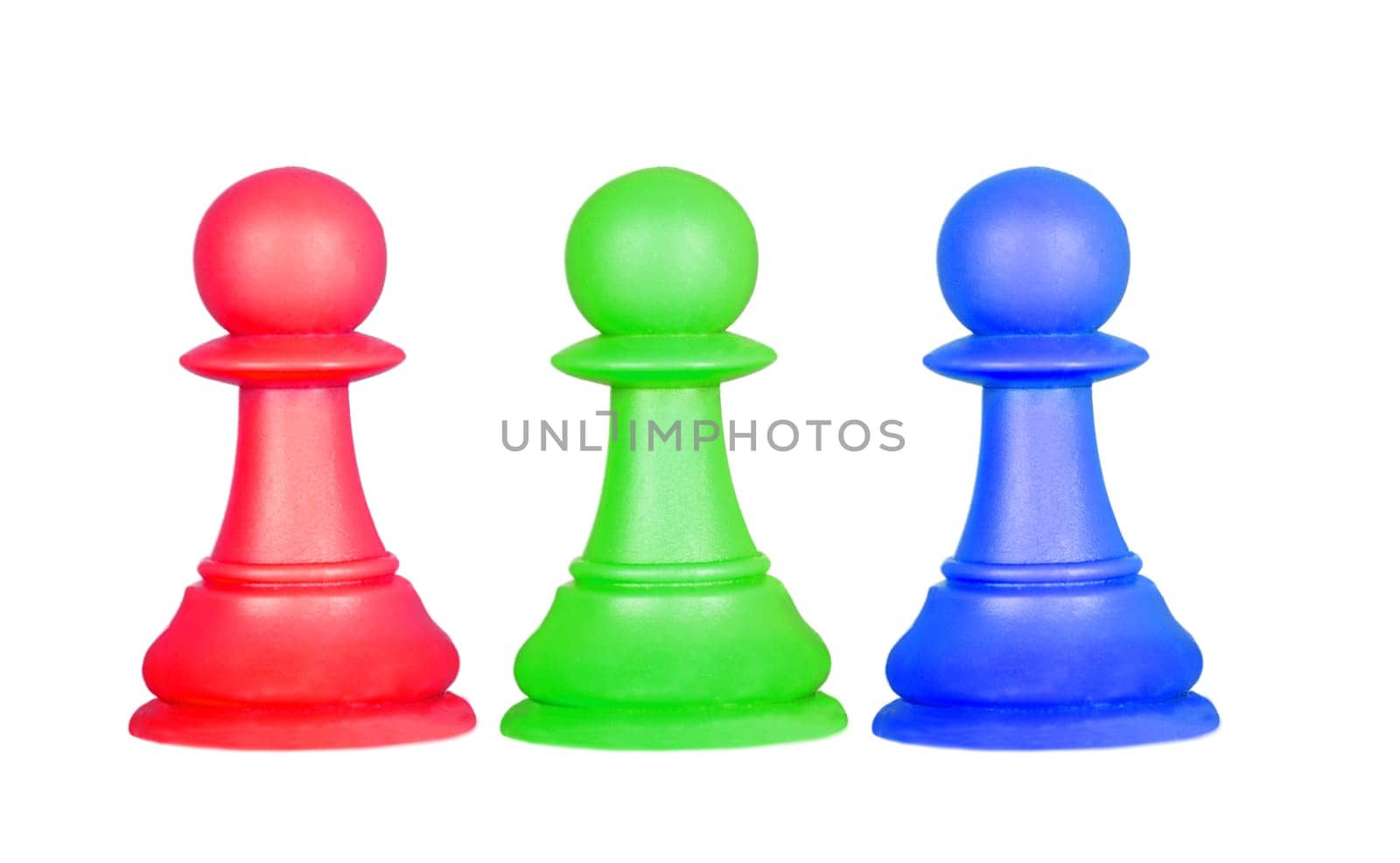 The color pawns, chess pieces isolated on a white background