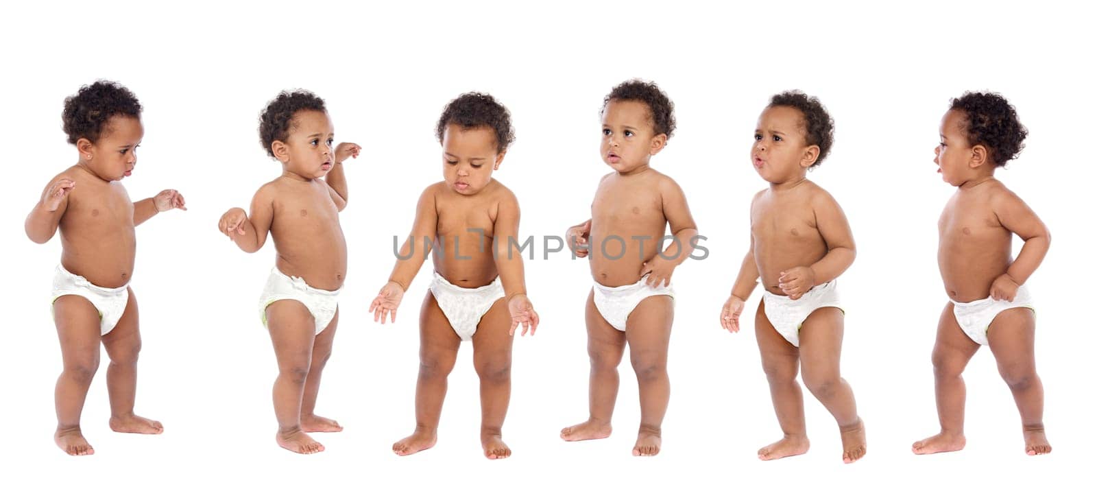 Funny baby wearing a diaper isolated on a white background