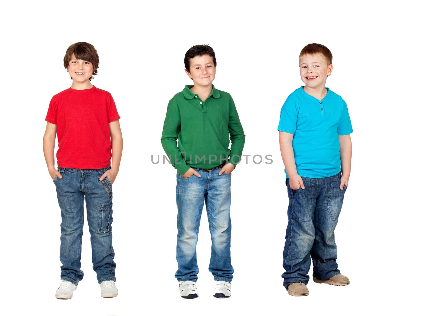 Classmates of elementary school looking at camera isolated on a white background