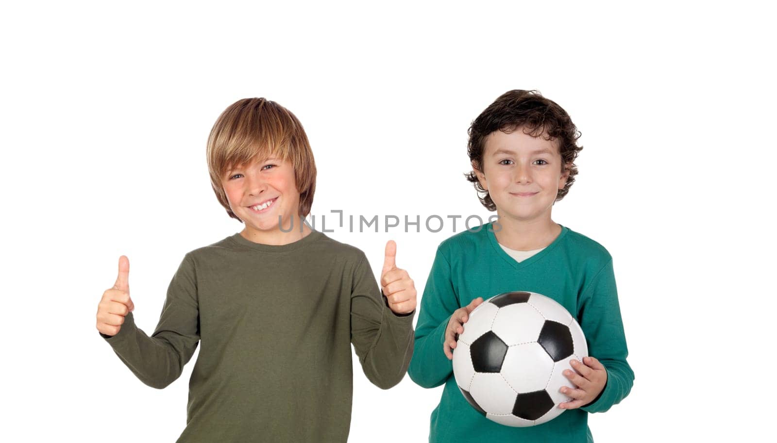 Classmates with a soccer ball isolated on a white background