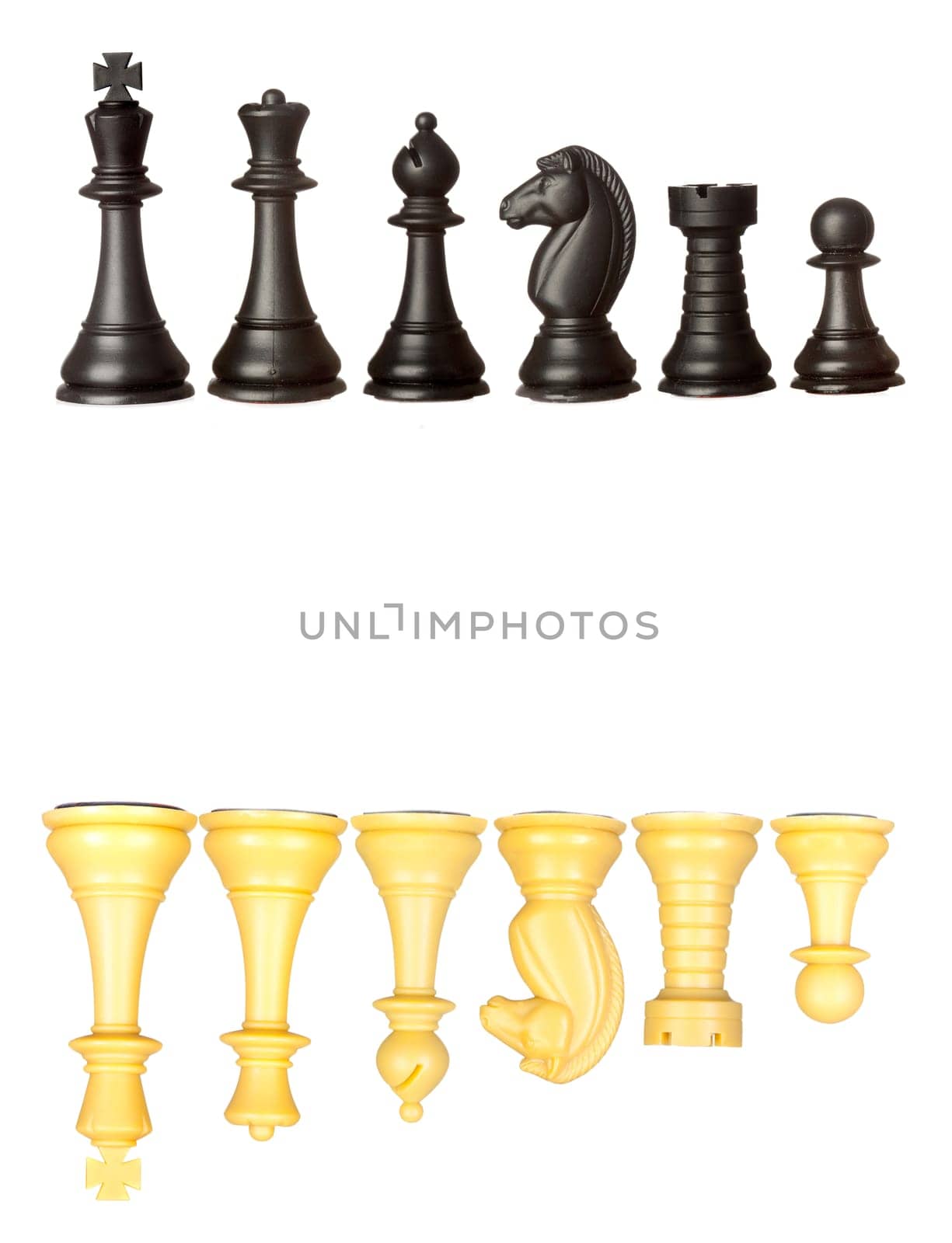 Set of black and white chess pieces isolated on a white background