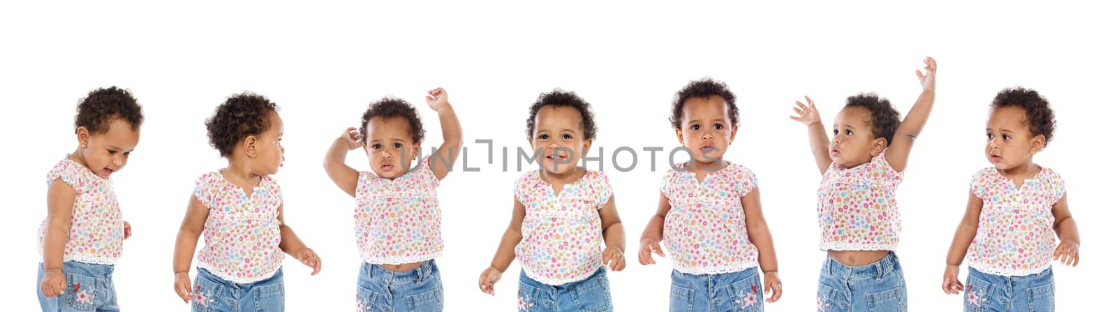 Seven same african sisters with different expressions isolated on a white background