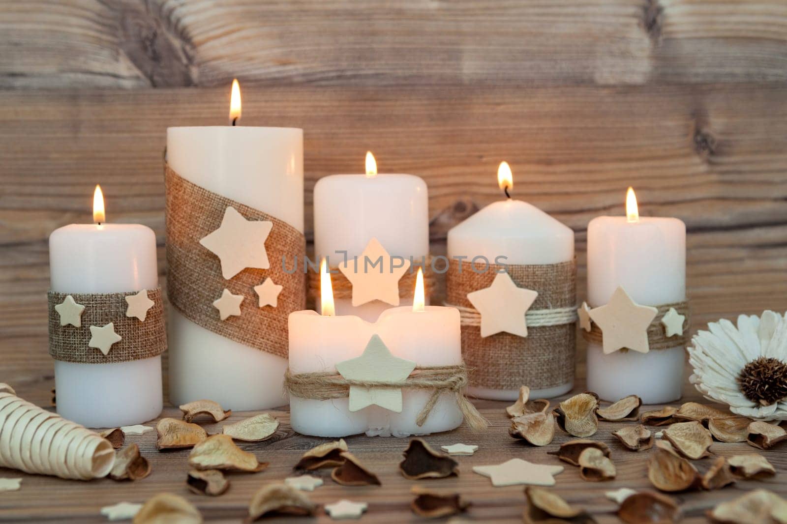Beautiful Candles in home. Warm christmas decoration