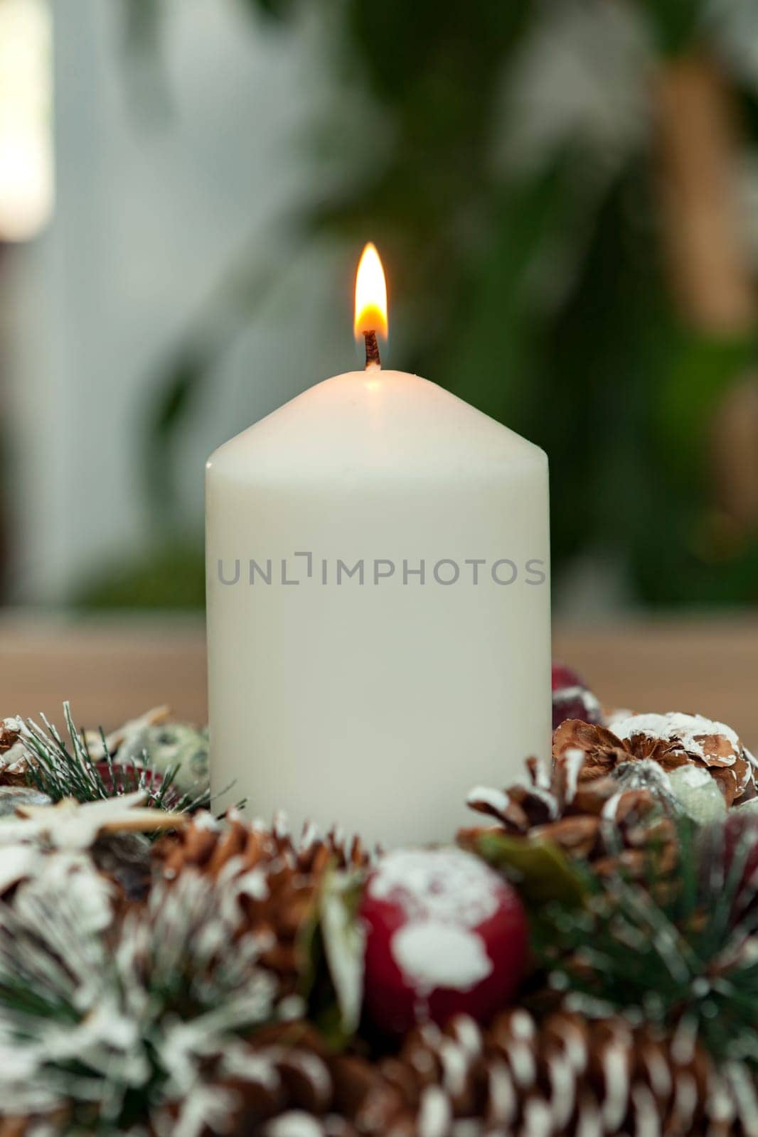 Beautiful Candles in home. Warm christmas decoration