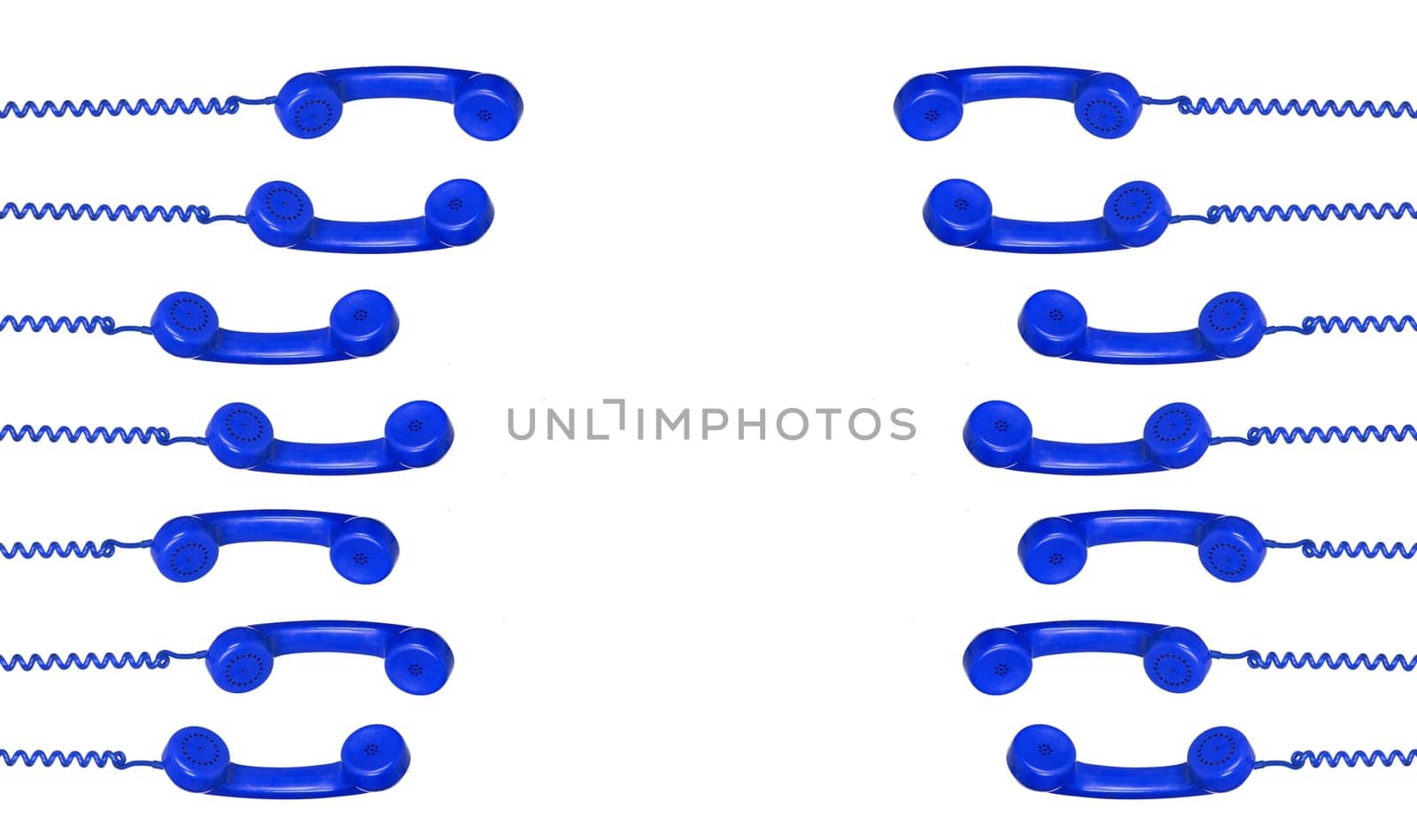 Blue phones hanging from a cable isolated on a white background