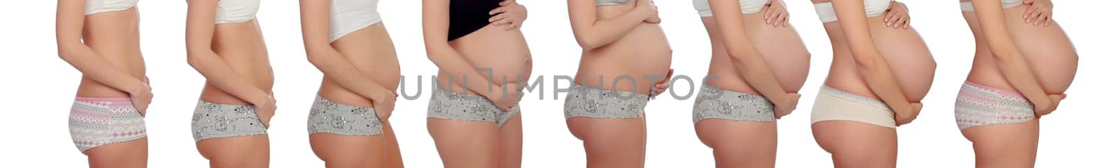 Sequence of a pregnant woman isolated on a white background