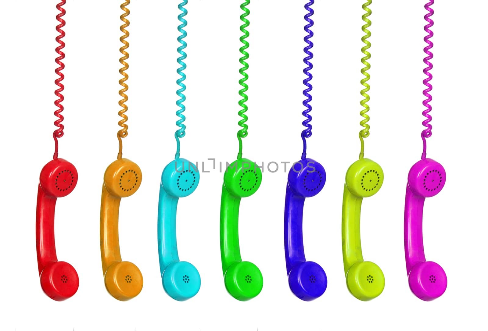 Colorful phones hanging from a cable isolated on a white background