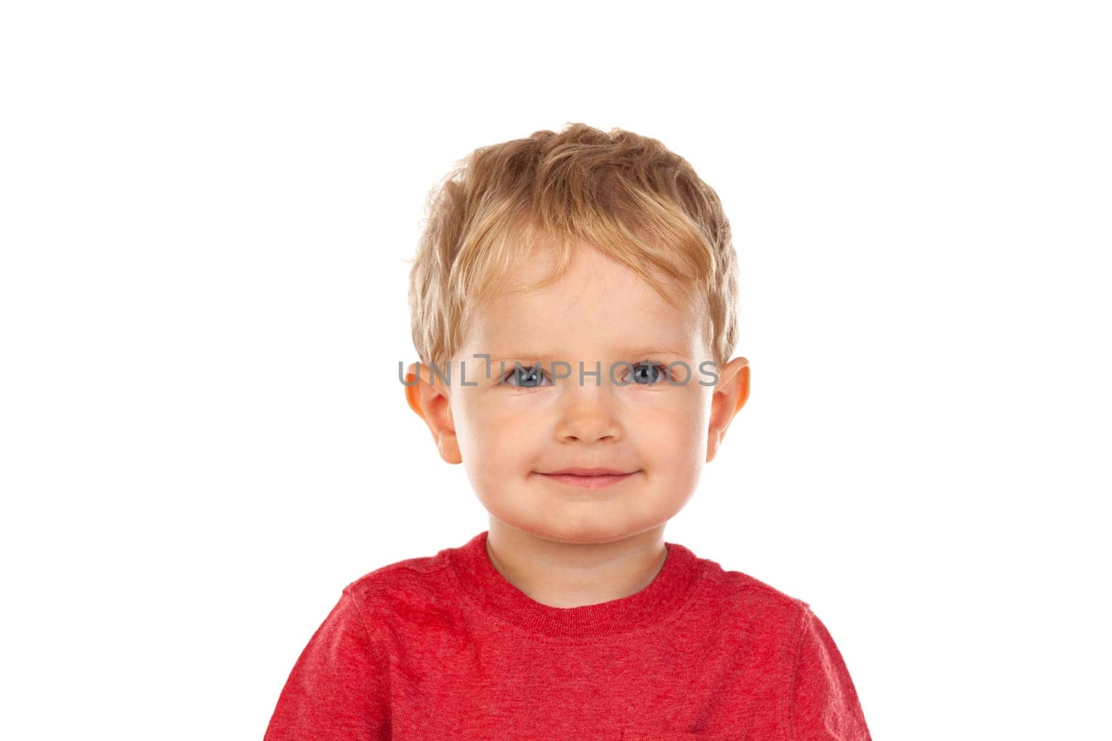 Beautiful little child two years old laughing isolated on a white background