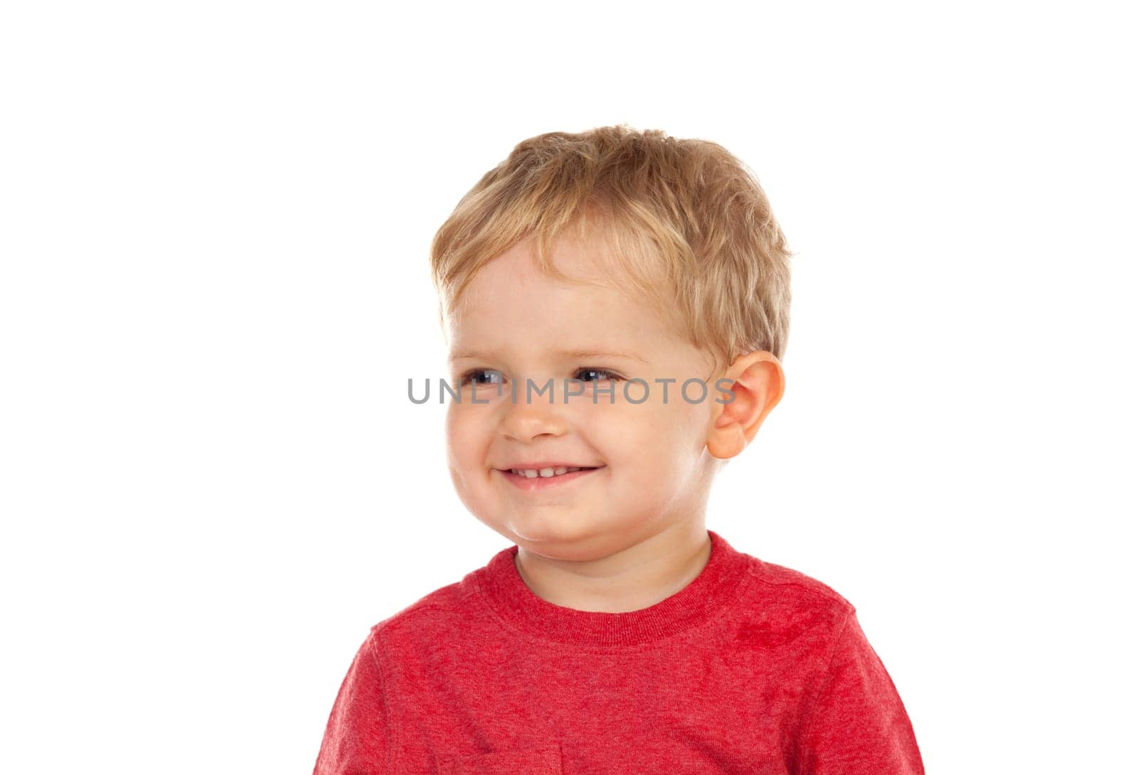 Beautiful little child two years old laughing isolated on a white background