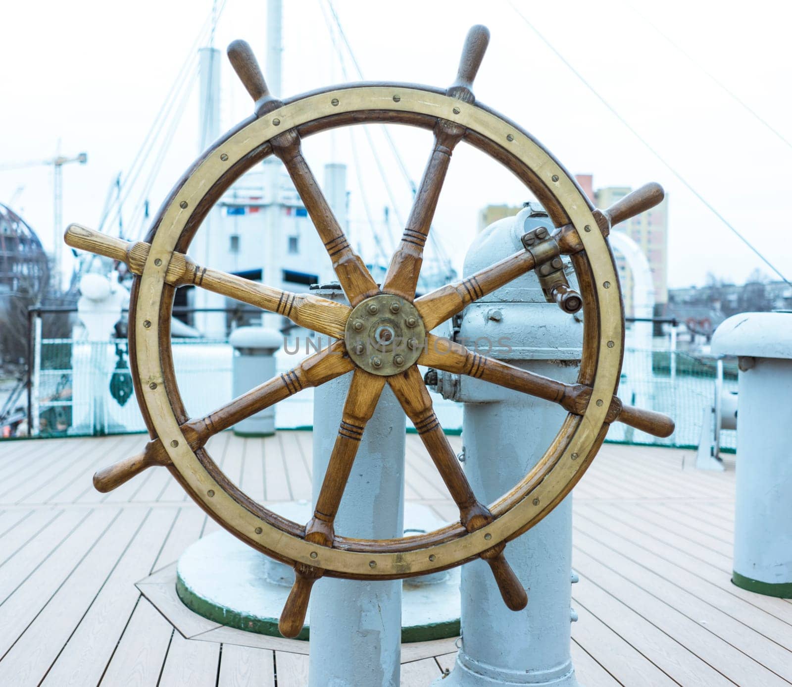 The Ship's Helm, Ship rudder, The Steering Wheel is Still Ready to Work, Vintage Wooden And Brass Ship's Steering Wheel Rudder