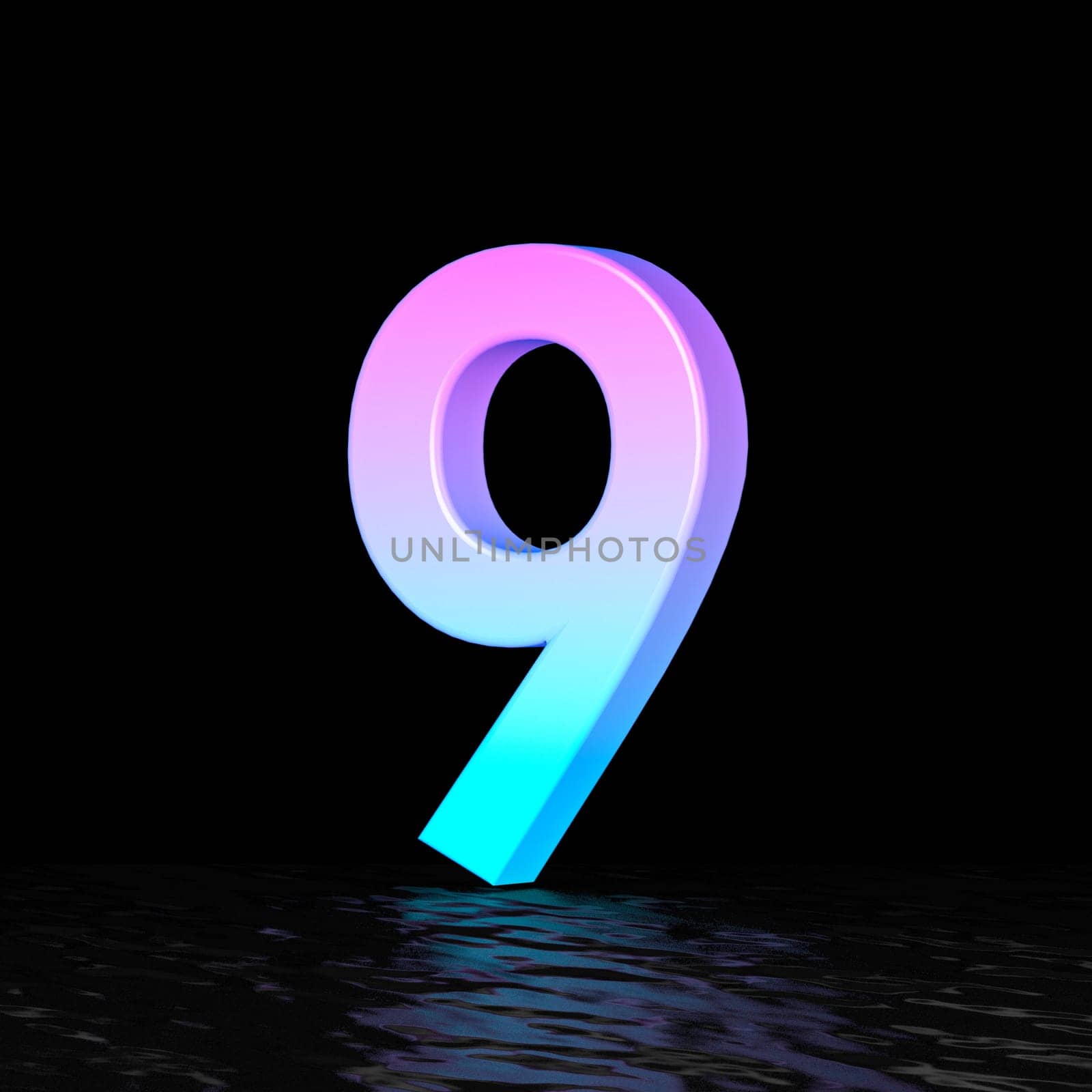 Cyan magenta font Number 9 NINE 3D render illustration isolated on black background