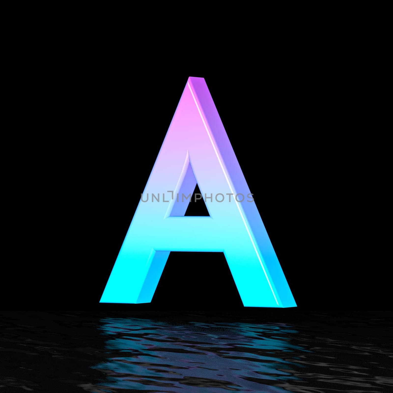 Cyan magenta font Letter A 3D render illustration isolated on black background