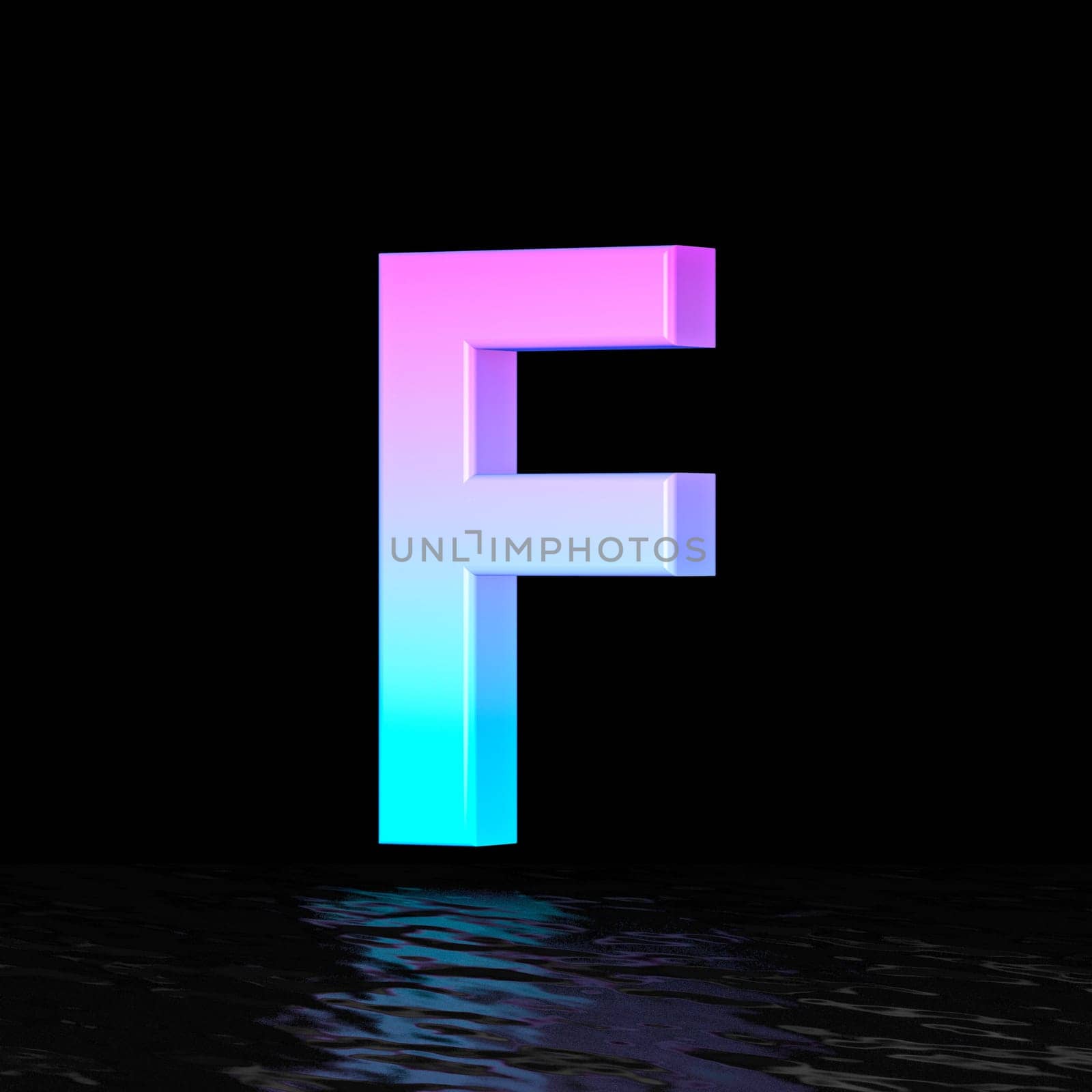 Cyan magenta font Letter F 3D render illustration isolated on black background