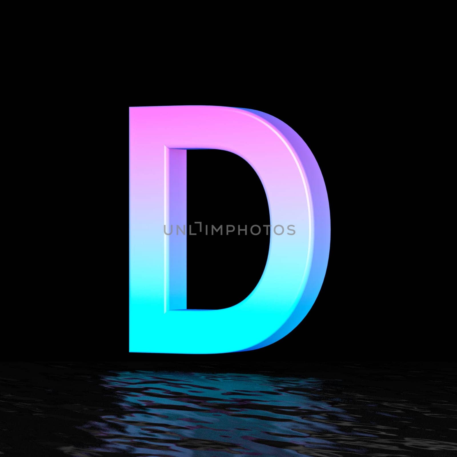 Cyan magenta font Letter D 3D render illustration isolated on black background