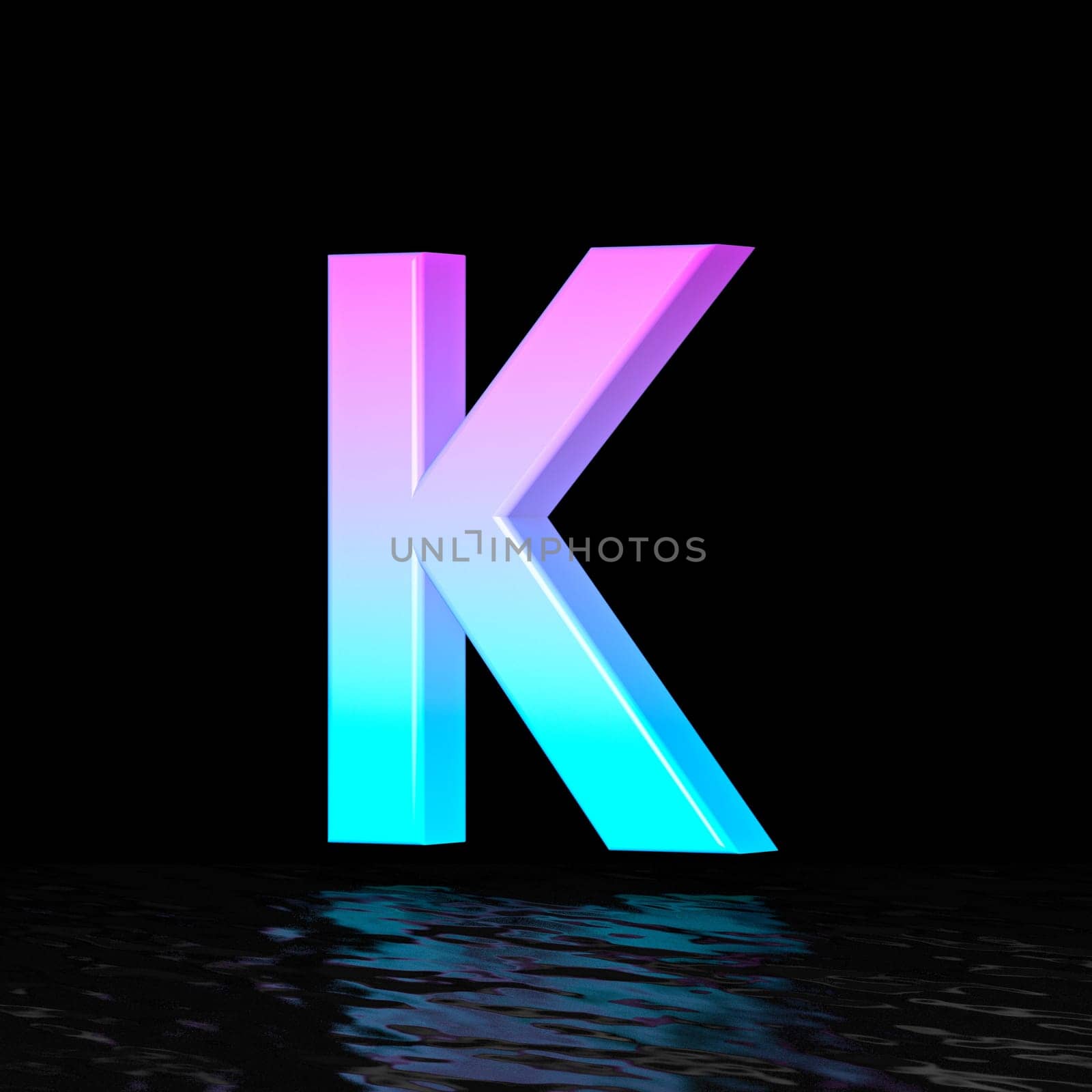 Cyan magenta font Letter K 3D render illustration isolated on black background