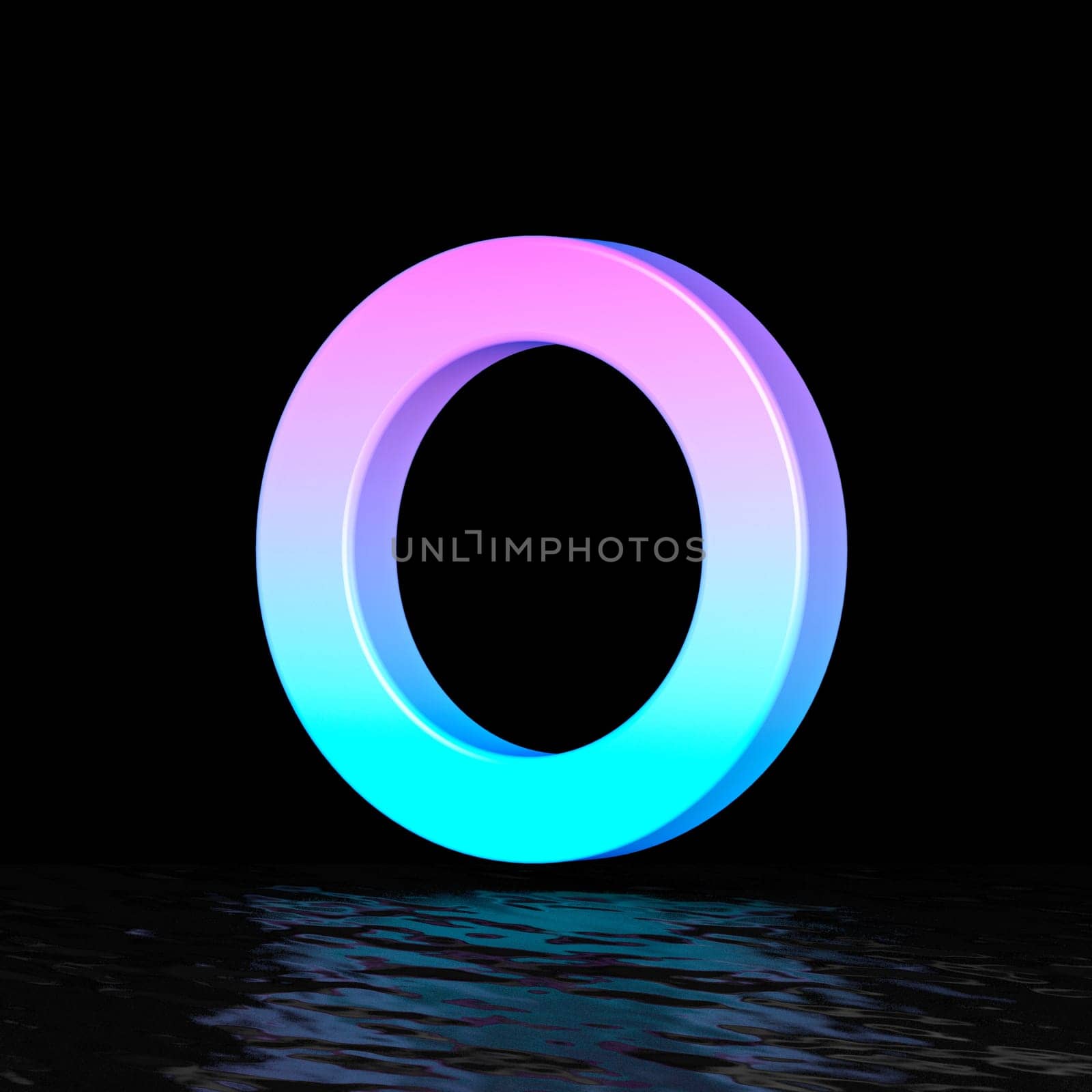 Cyan magenta font Letter O 3D render illustration isolated on black background