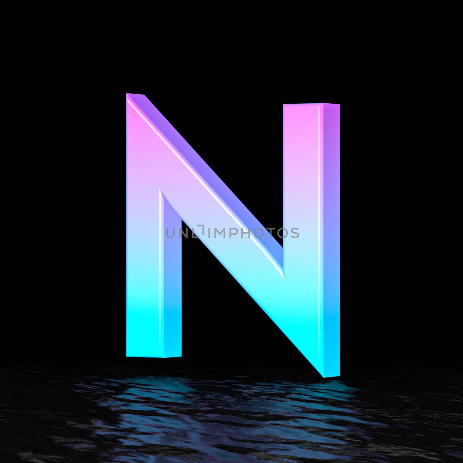 Cyan magenta font Letter N 3D render illustration isolated on black background
