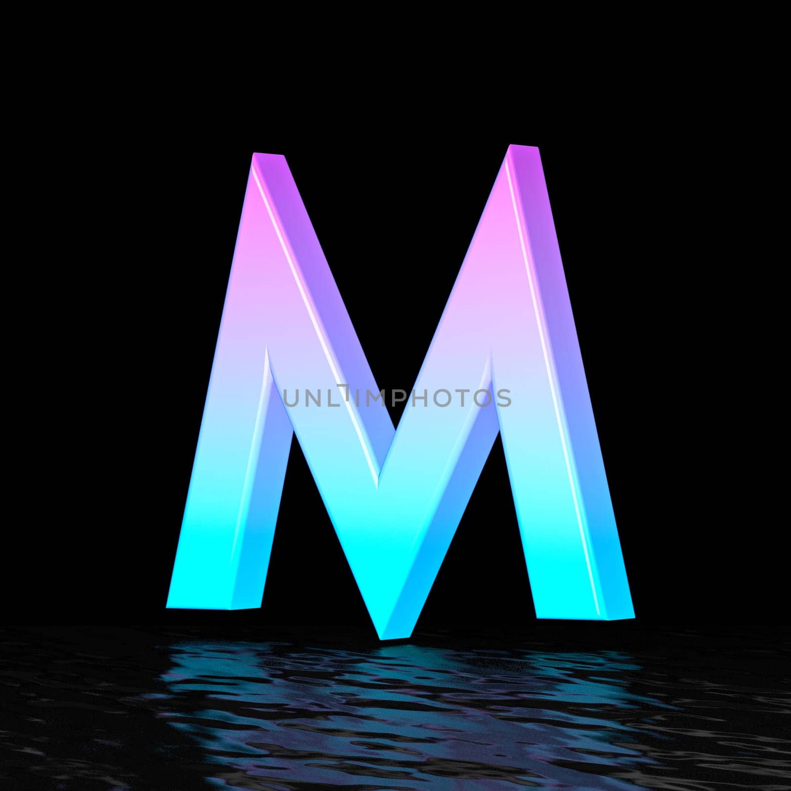 Cyan magenta font Letter M 3D render illustration isolated on black background