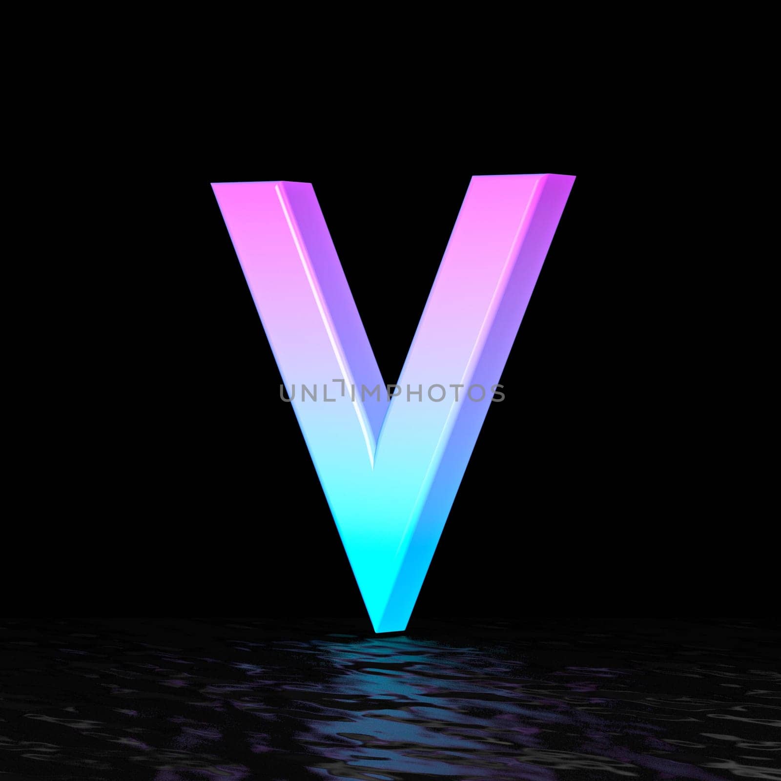 Cyan magenta font Letter V 3D render illustration isolated on black background