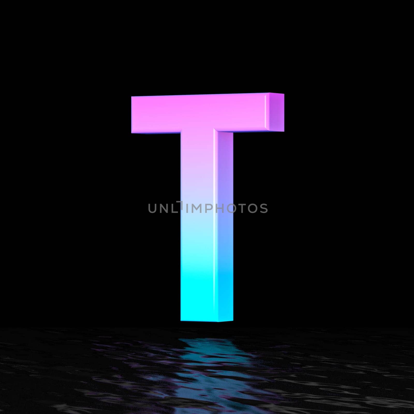 Cyan magenta font Letter T 3D render illustration isolated on black background