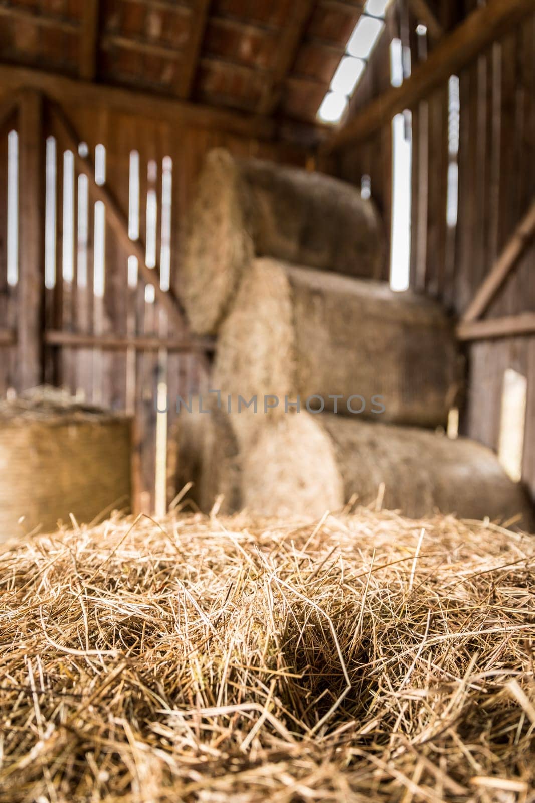 Bales of hay/straw on a farm, countryside, indoors