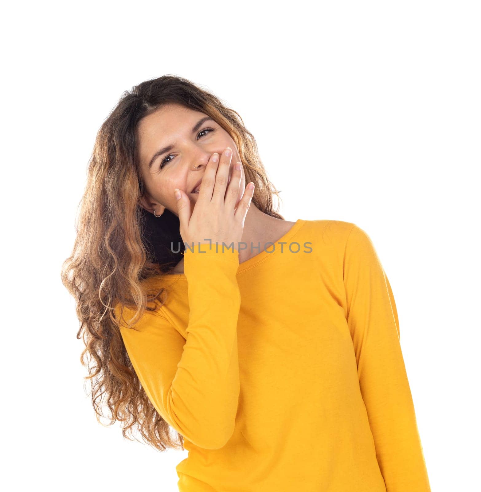 Beautiful woman with wavy hair isolated on a white background