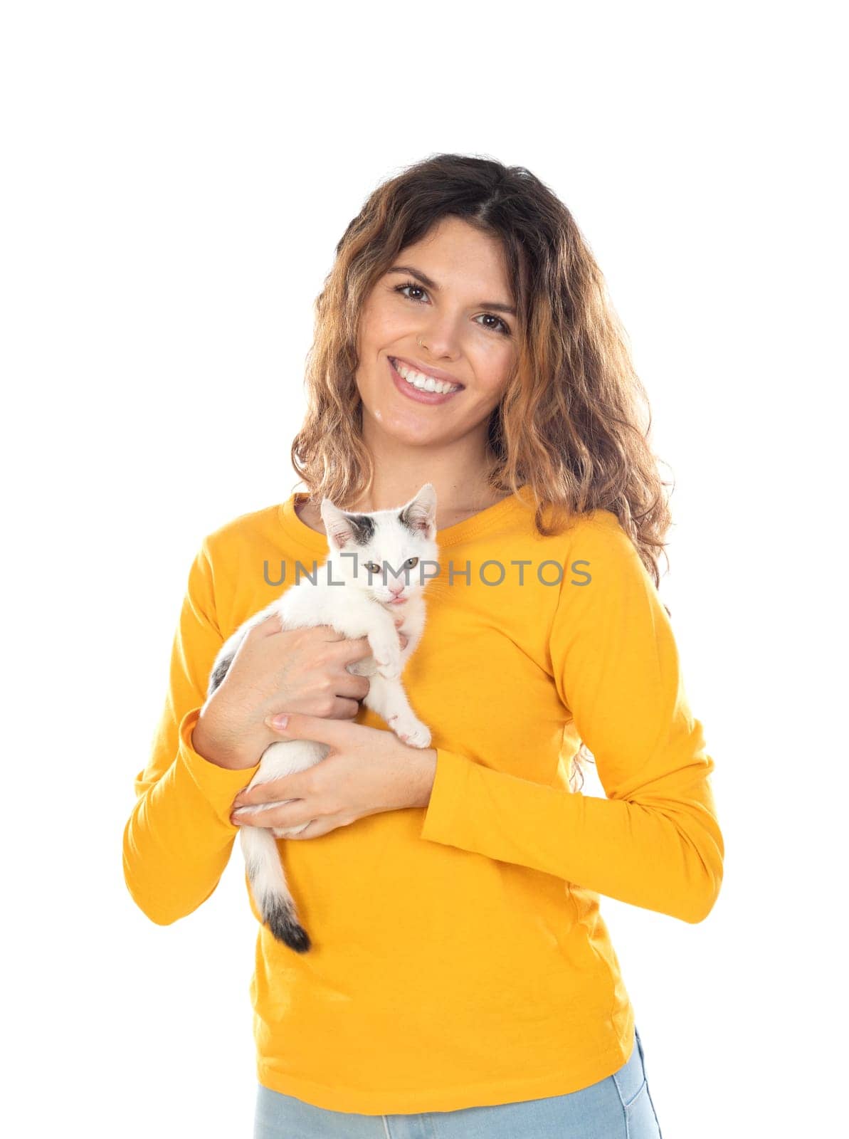 Cute young woman holding her cat isolated on a white background
