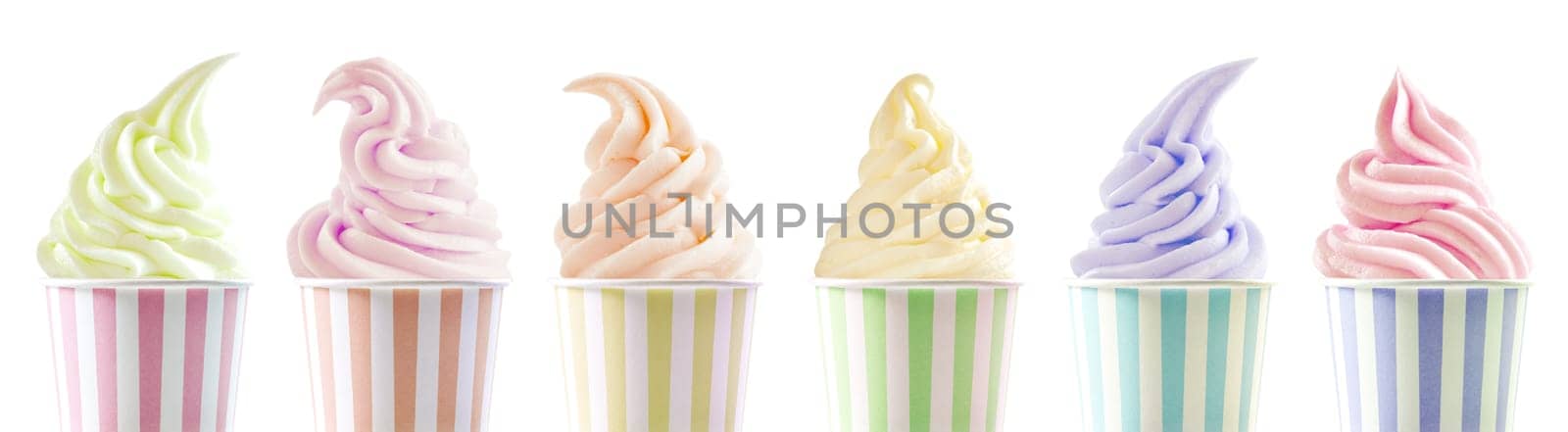 Row of six assorted ice cream flavours in differently styled twirls in colorful striped tubs isolated on white in a panorama banner or header for advertising