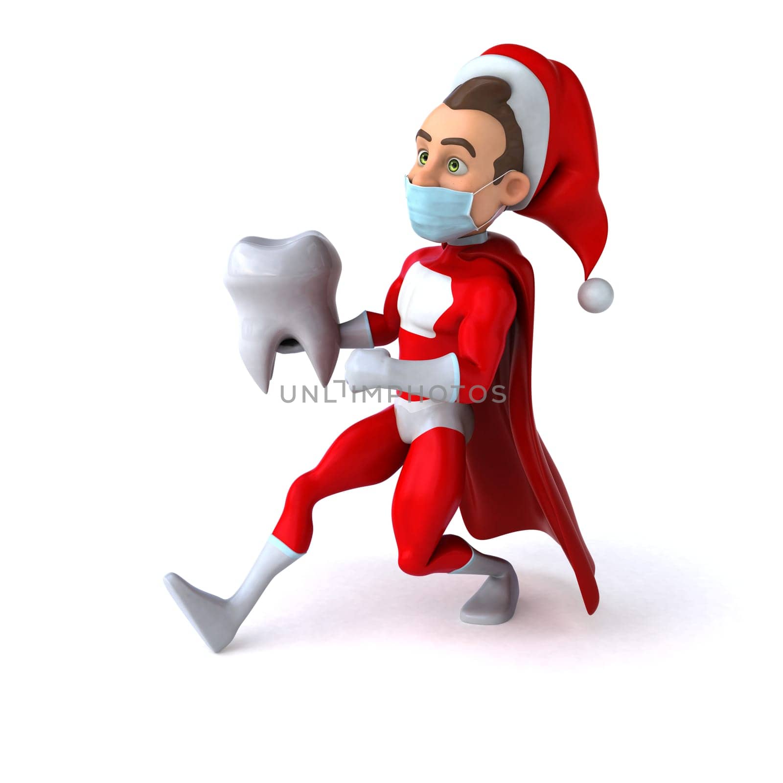Fun 3D illustration of a cartoon Santa Claus with a mask