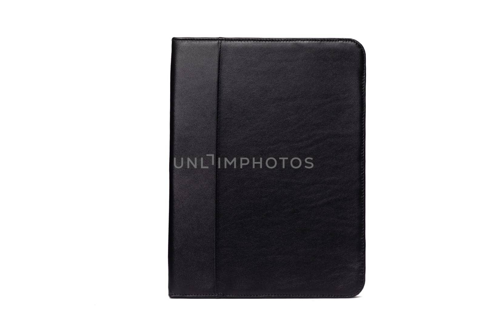 A sleek black leather portfolio case stands upright with a minimalist design, perfect for holding important documents and accessories. Ideal for meetings or school.