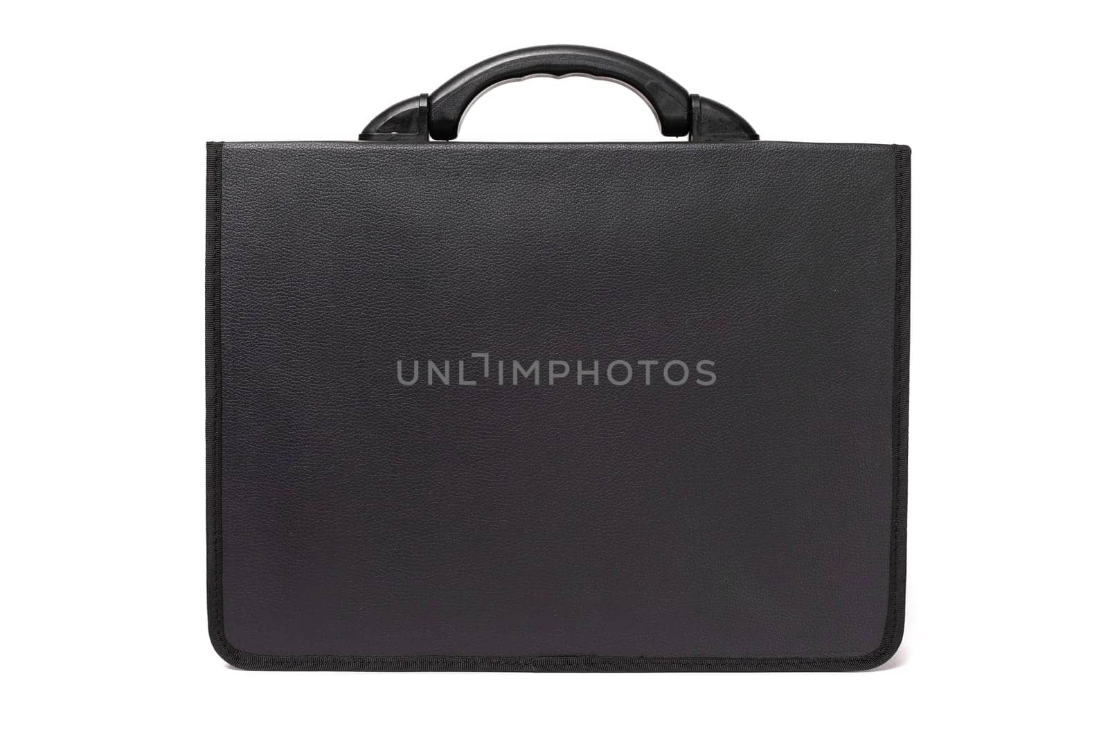 This black leather briefcase features a sleek design with a robust handle, ideal for carrying documents and essentials in a professional environment. Its minimalist look suits formal occasions.