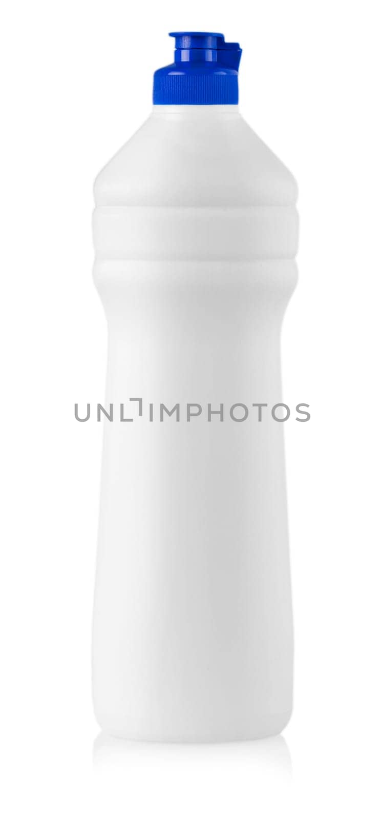 The White plastic bottle with liquid laundry detergent, cleaning agent, bleach or fabric softener isolated on white background