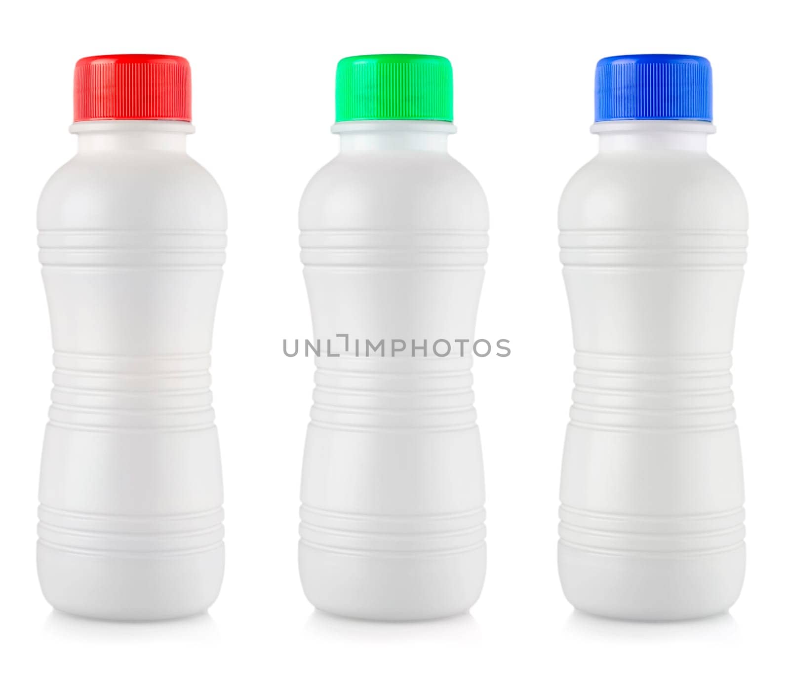 The Opaque white plastic bottles with colored lidon white background