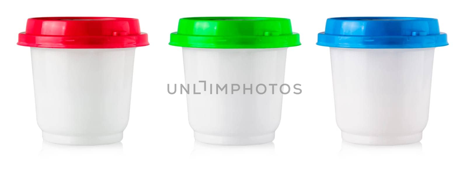 The Plastic bottles with colored lid for foods. Isolated on white.