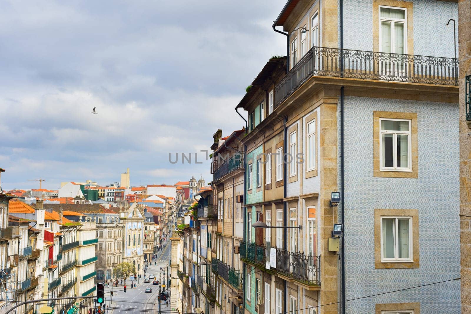 Cityscape of Old Town of Porto with moody sky. Porto, Portugal