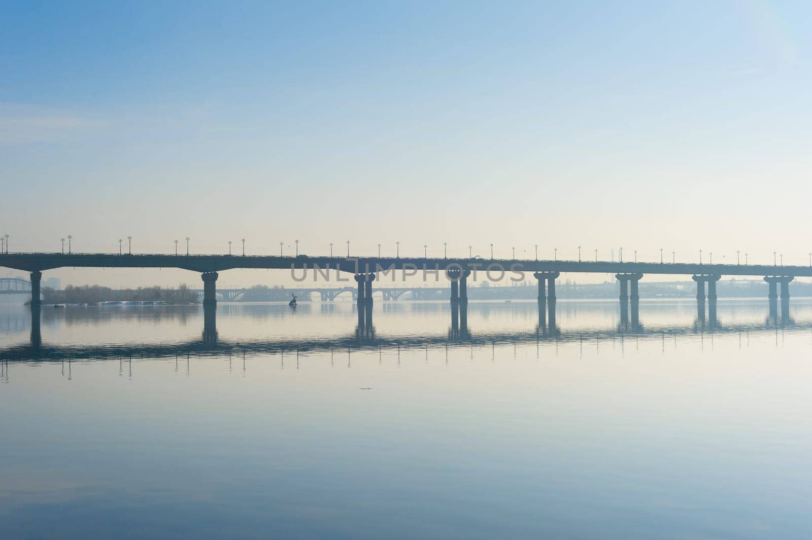 Paton bridge in a spring morning mist. Kiev, Ukraine