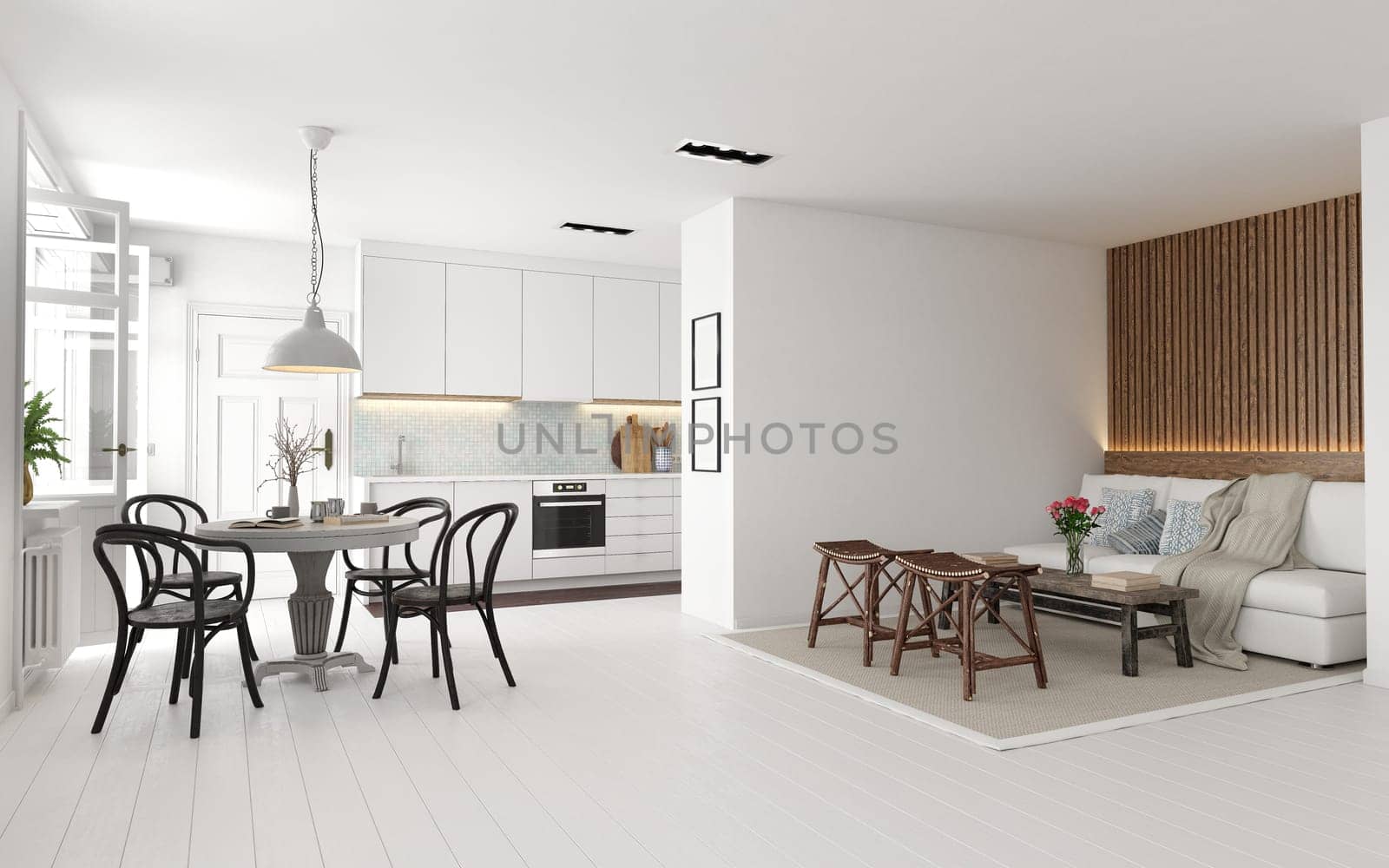 Modern, minimalist kitchen and living room with white decor and wooden accents. 3d render