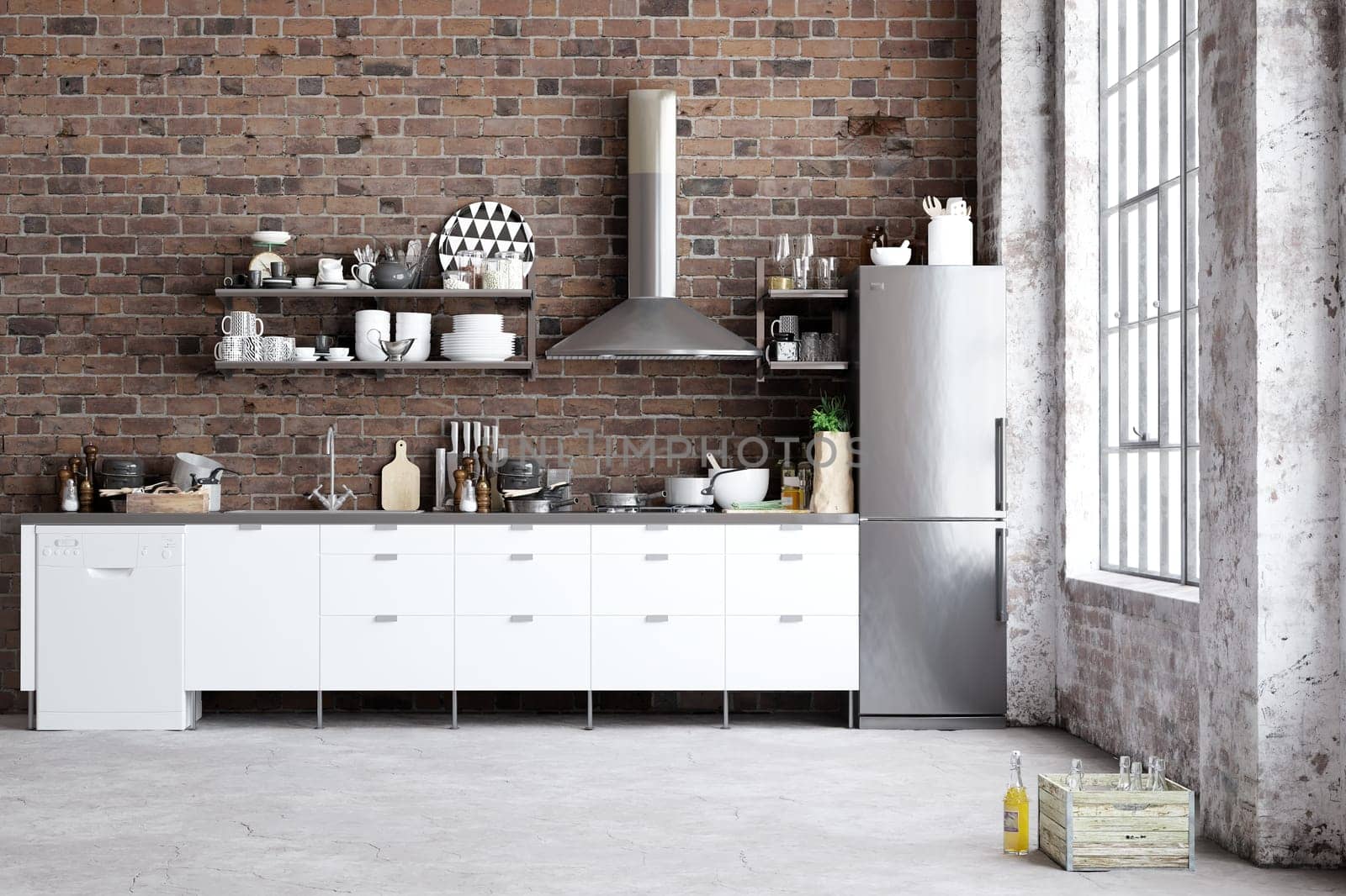 Industrial-style kitchen with exposed brick walls and stainless steel appliances. 3d render