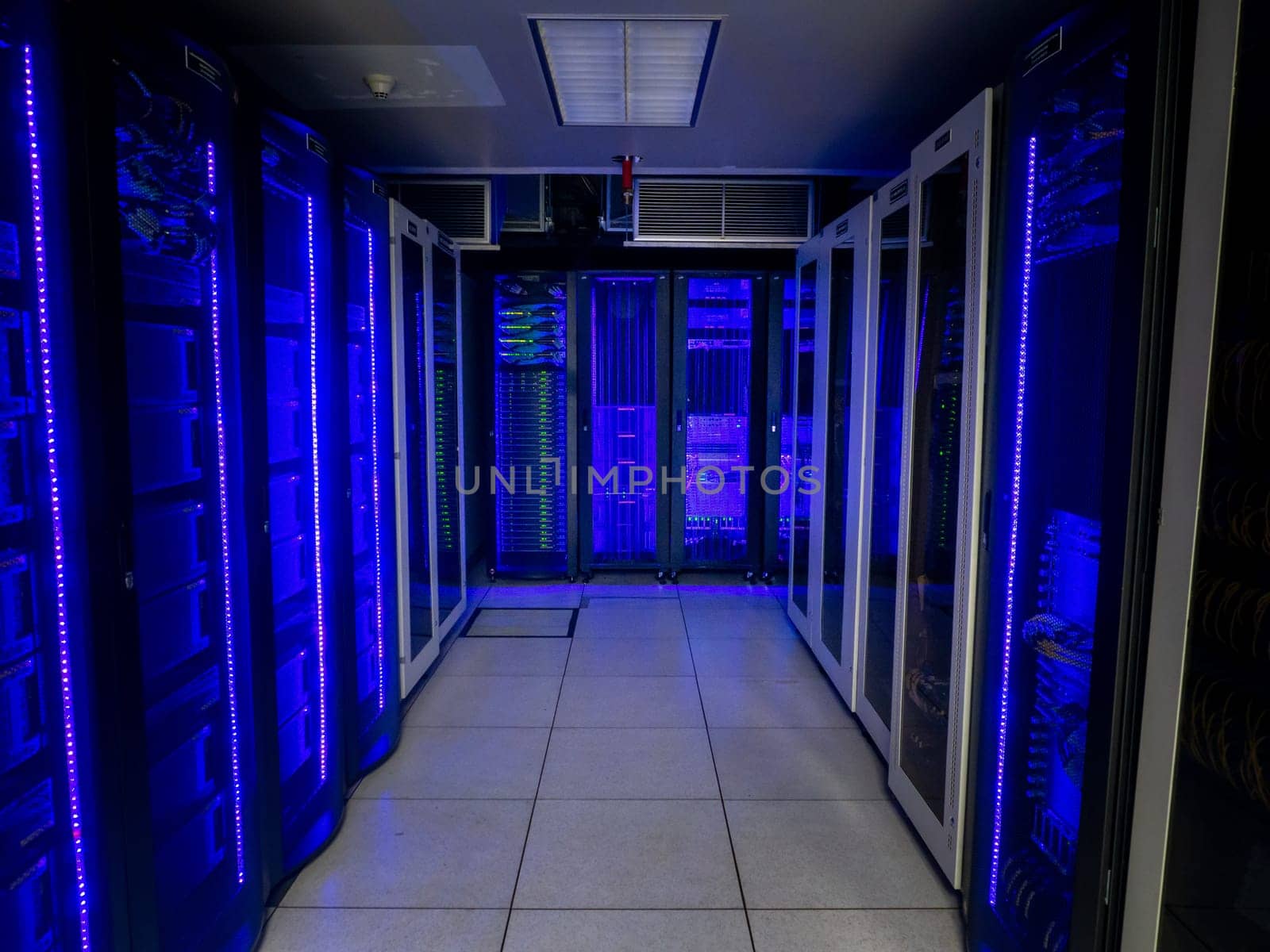 Server room data center. Backup, mining, hosting, mainframe, farm and computer rack with storage information