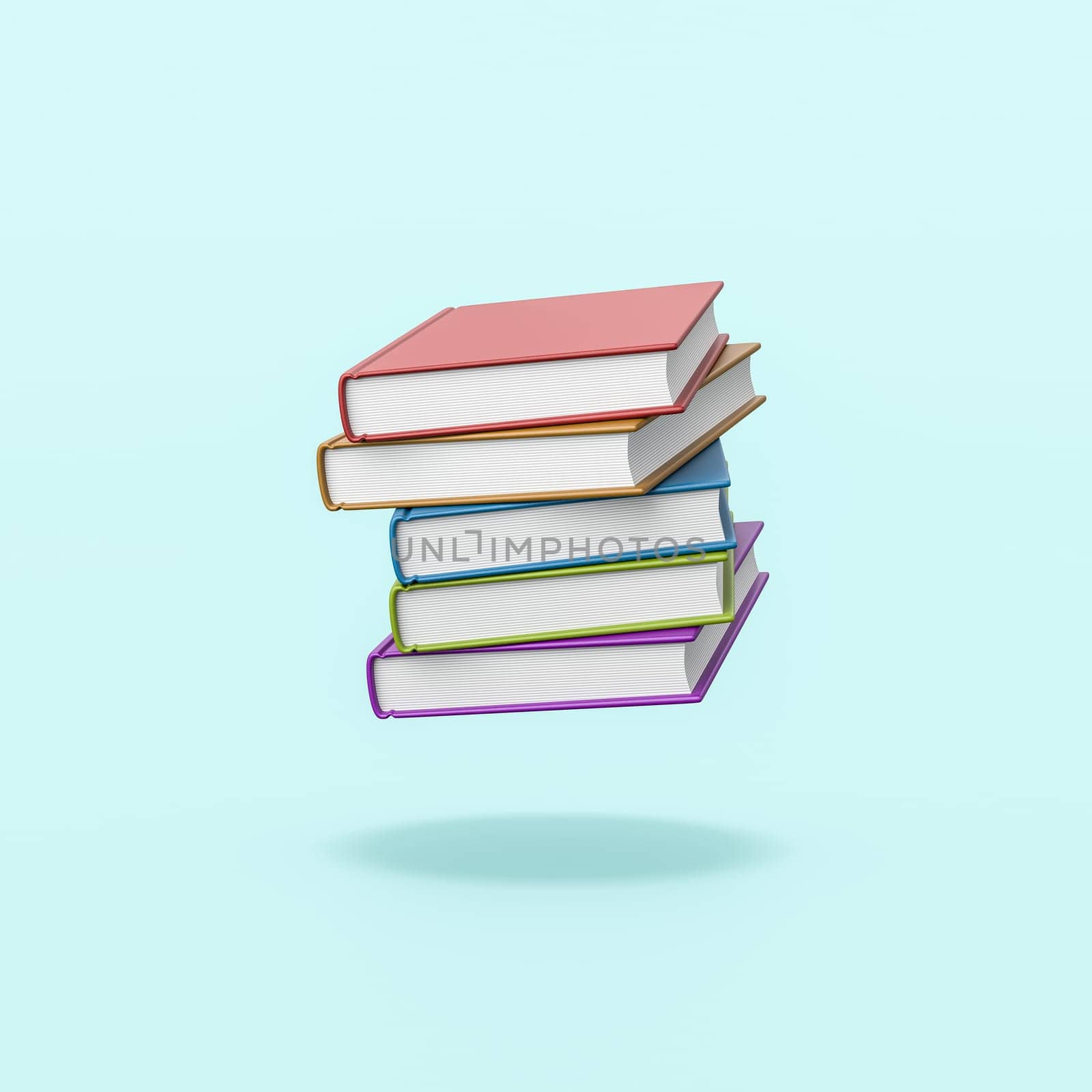 Stack of Colored Books Isolated on Flat Blue Background with Shadow 3D Illustration