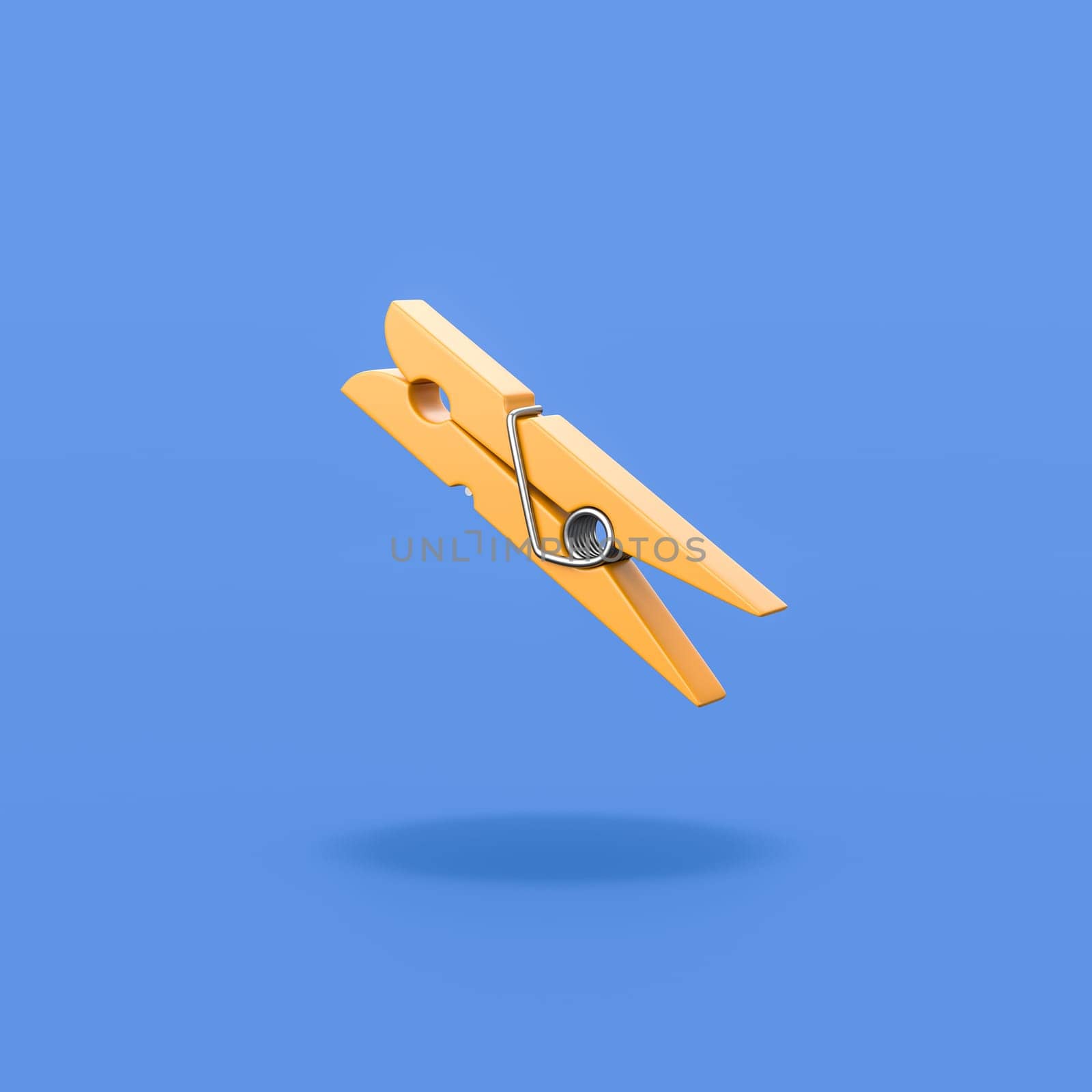 One Orange Plastic Clothespin Isolated on Flat Blue Background with Shadow 3D Illustration