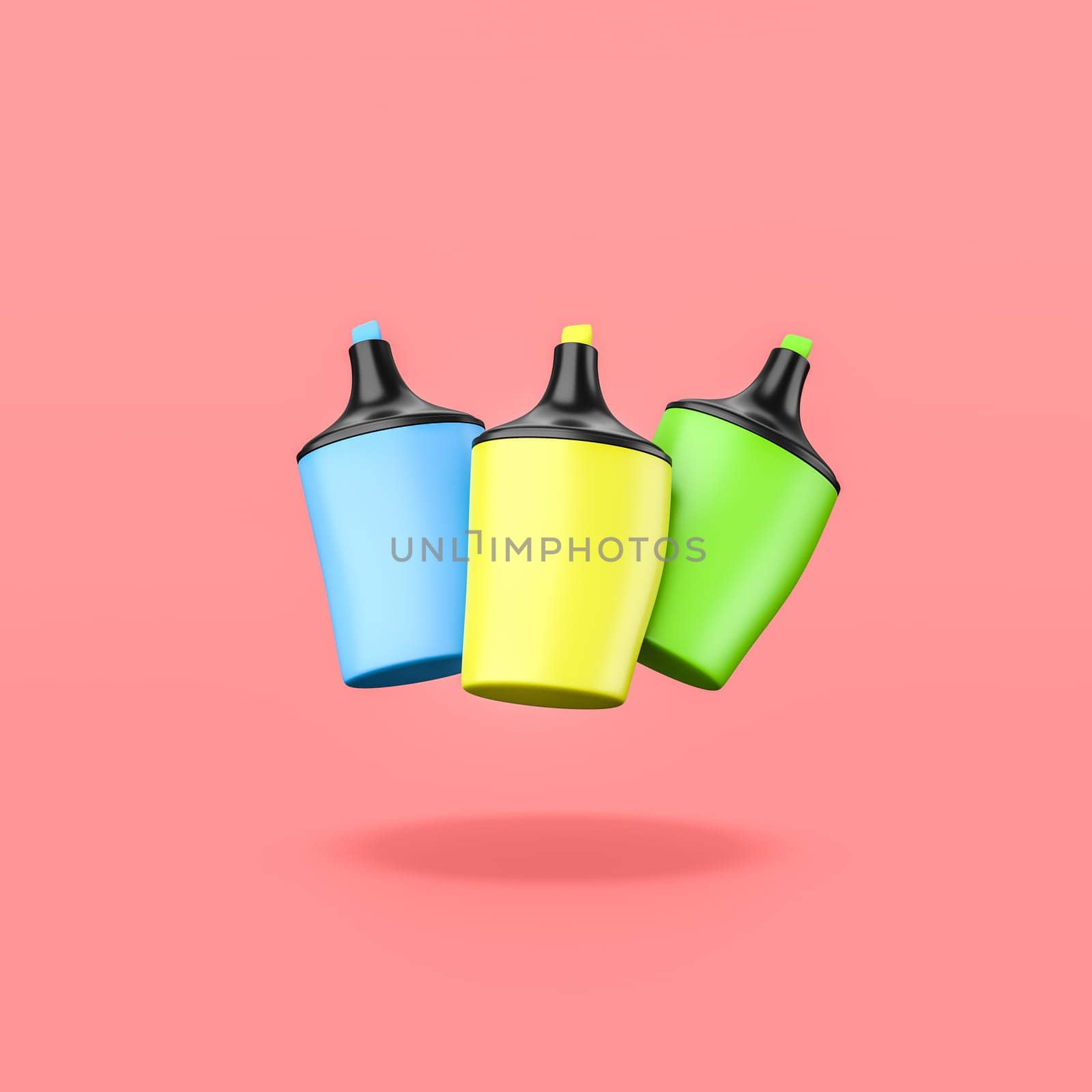 Three Cartoon Colorful Highlighters Isolated on Flat Red Background with Shadow 3D Illustration