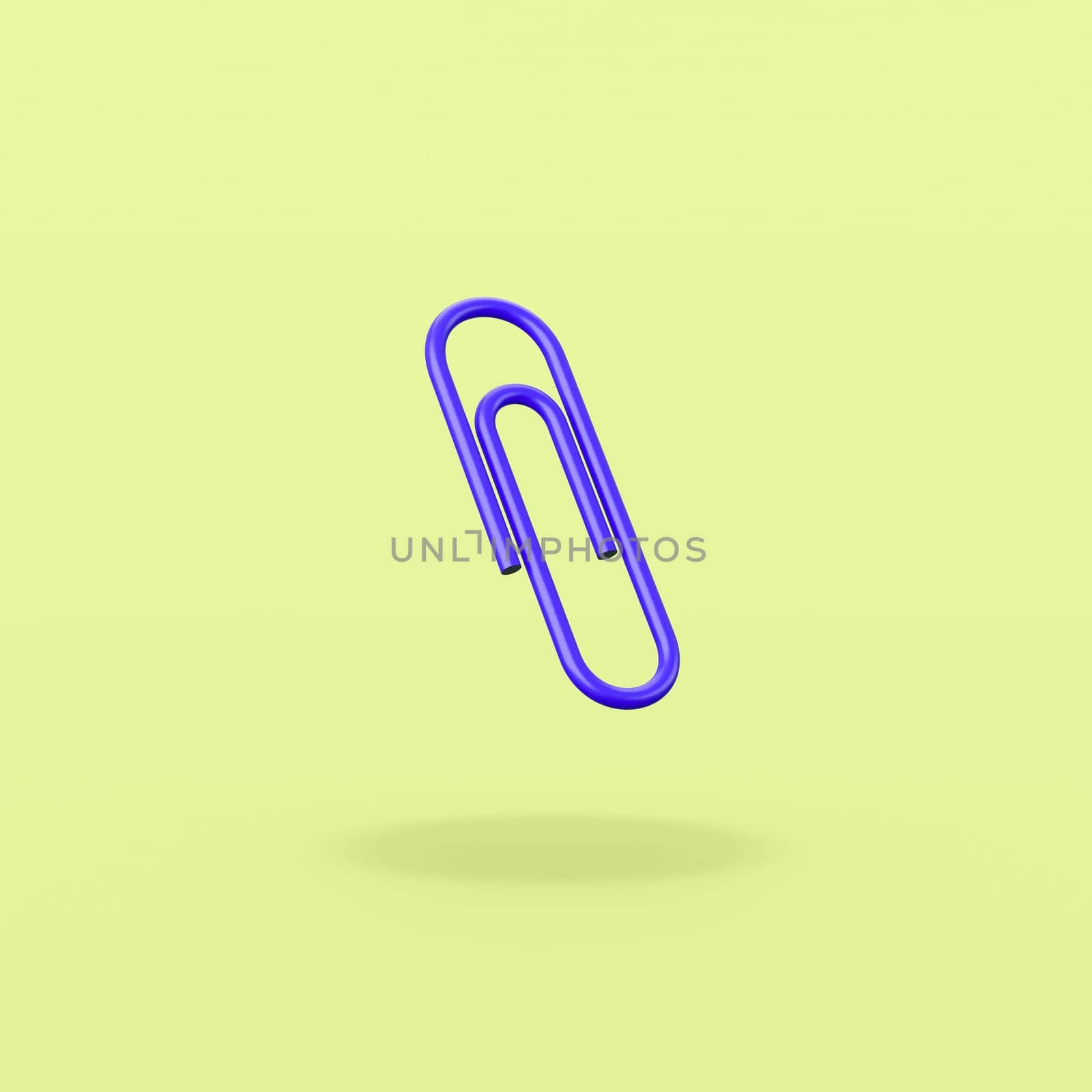 One Blue Paperclip Isolated on Flat Green Background with Shadow 3D Illustration