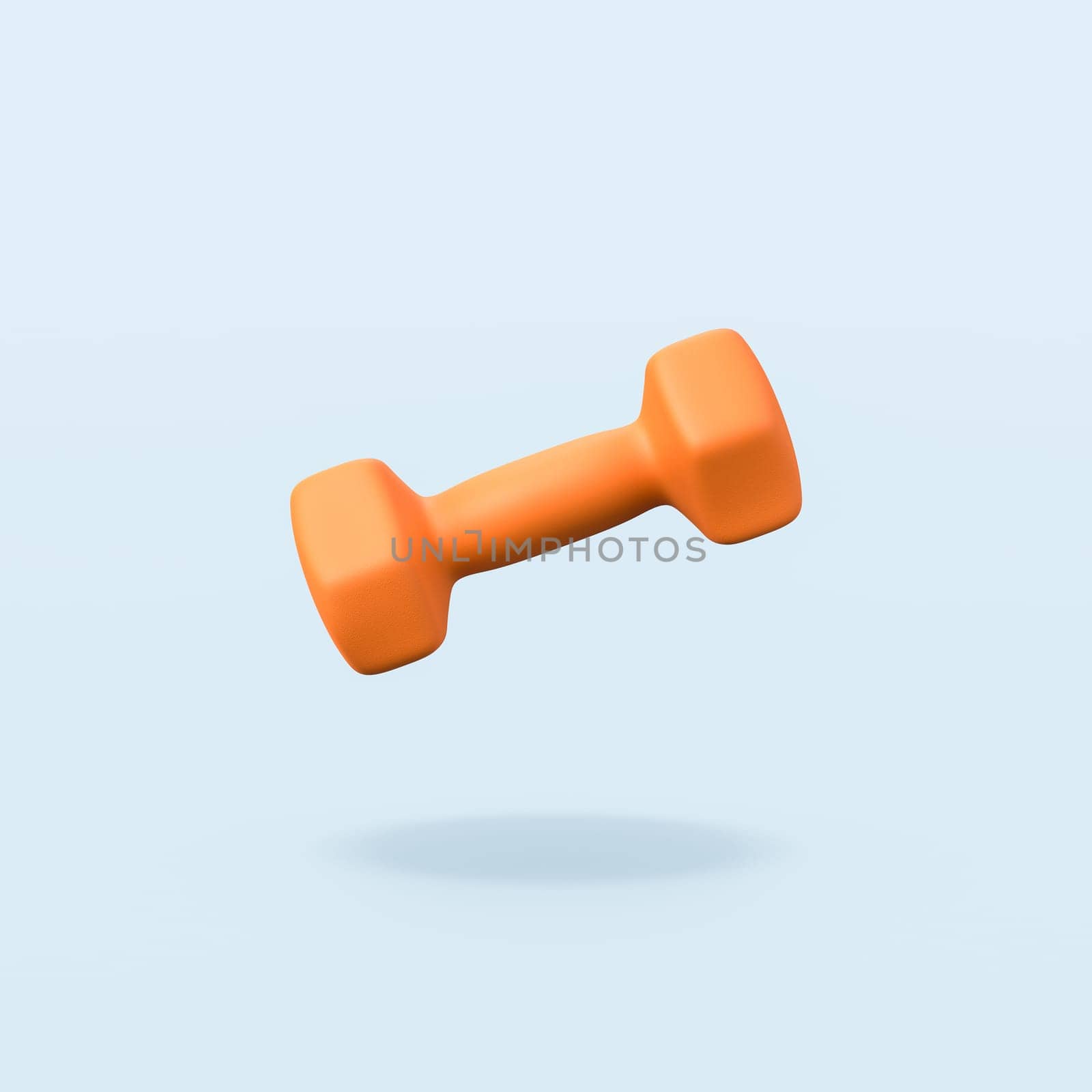 One Single Orange Dumbbell Isolated on Flat Blue Background with Shadow 3D Illustration