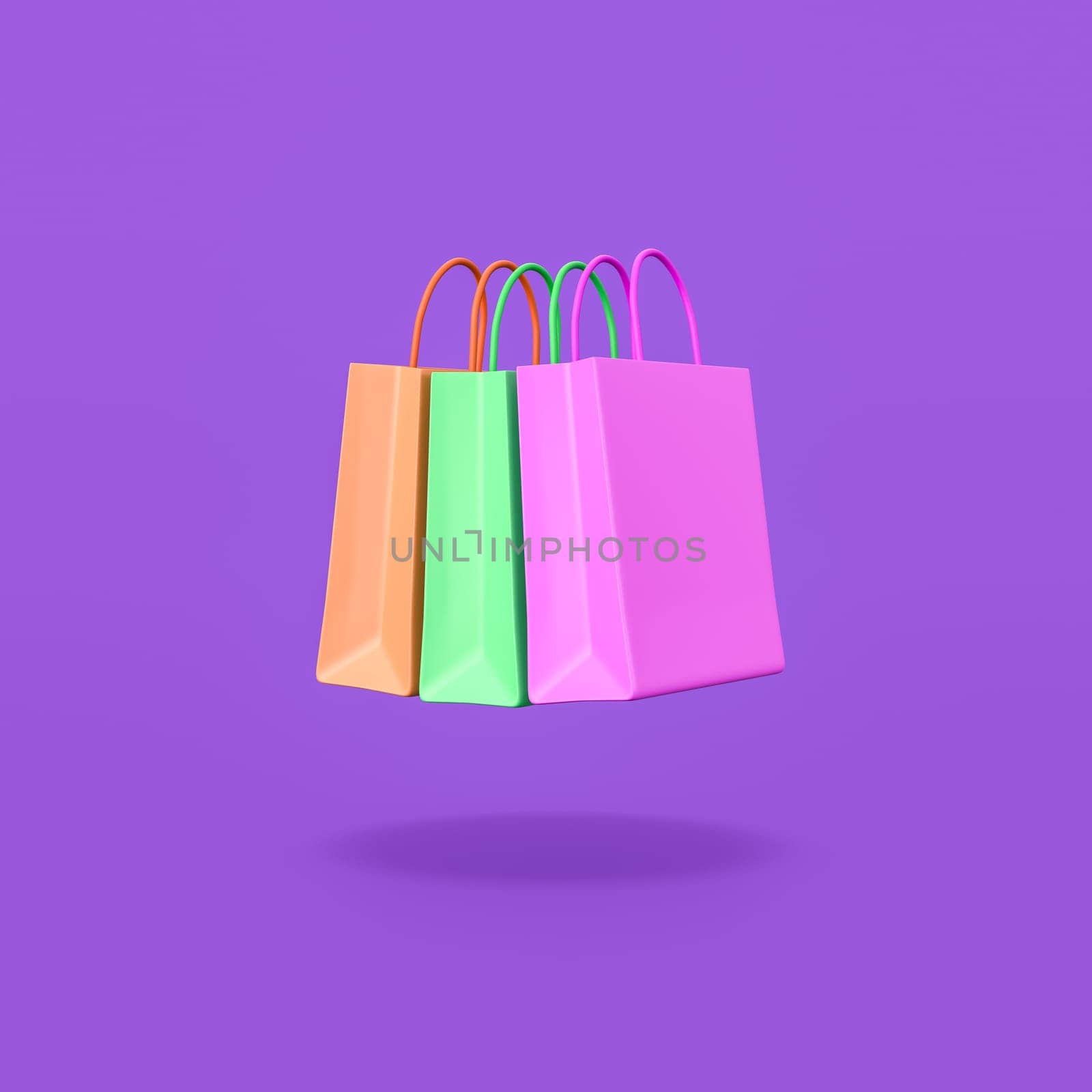 Cartoon Colorful Shopping Bags Isolated on Flat Purple Background with Shadow 3D Illustration