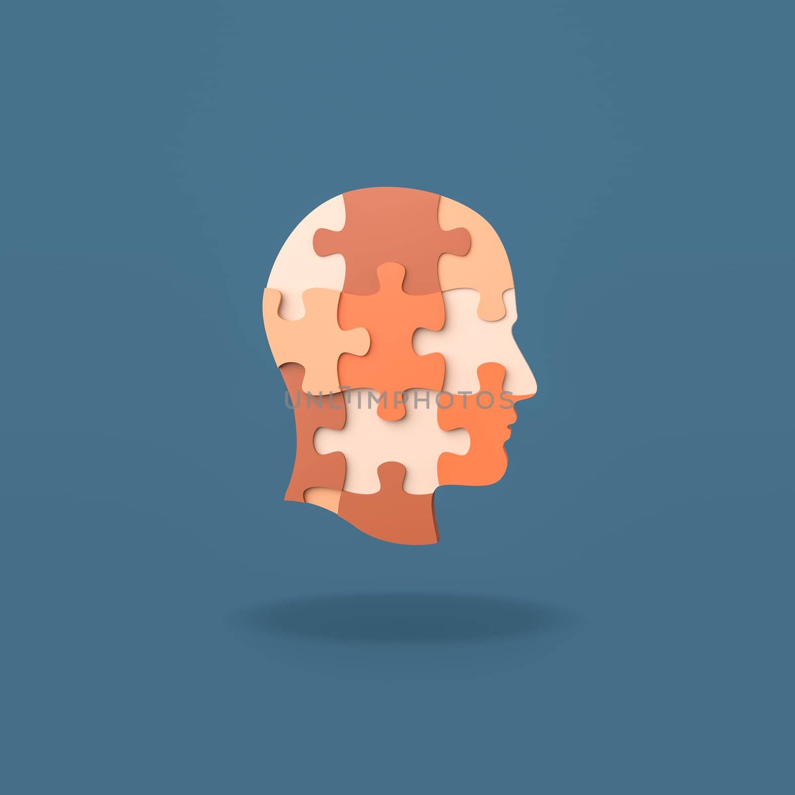 Orange Human Puzzle Head Shape Isolated on Flat Blue Background with Shadow 3D Illustration
