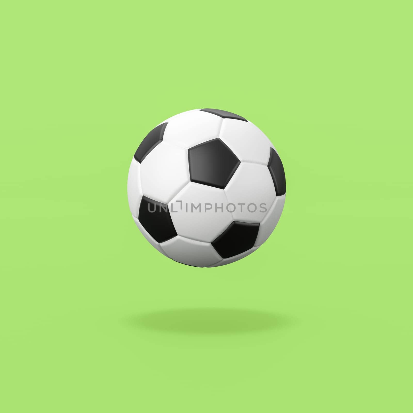 Classic Black and White Soccer Ball Isolated on Flat Green Background with Shadow 3D Illustration