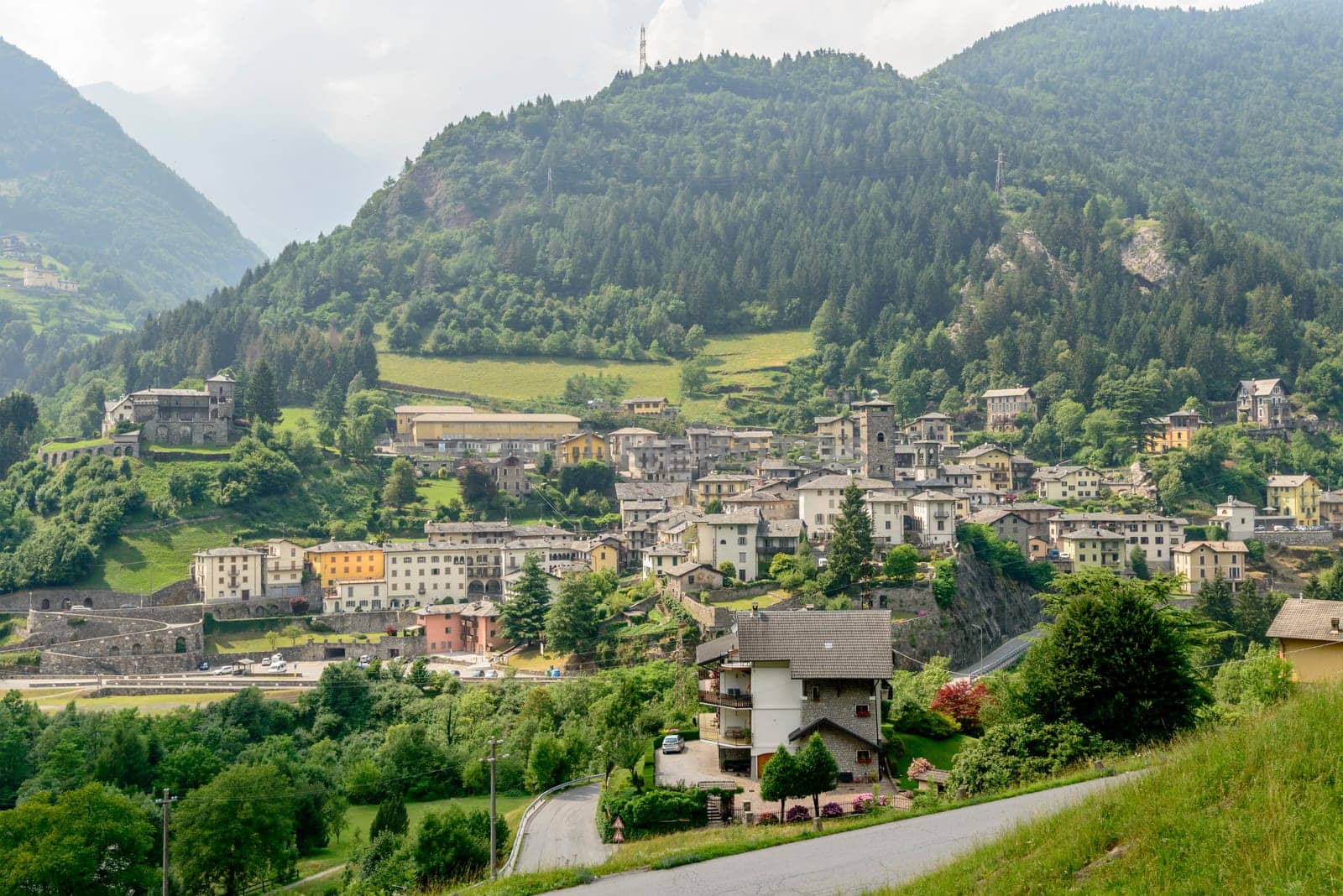 cityscape of historical mountain village, shot in bright summer light at Gromo, Bergamo, Lombardy, Italy.