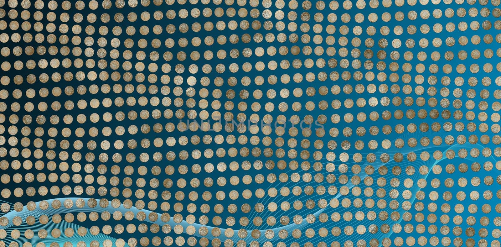 Abstract wave dotted blue gold background. Futuristic twisted pattern, dot, circles. Modern techno design for posters, business cards, cover, labels mock-up, stickers layout. Illustration